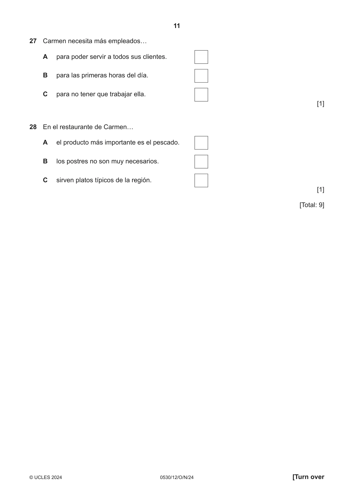 Cambridge IGCSE Spanish - Foreign Language 0530 2024 Oct/Nov Paper 1 · Variant 2 question paper, page 11 of 16
