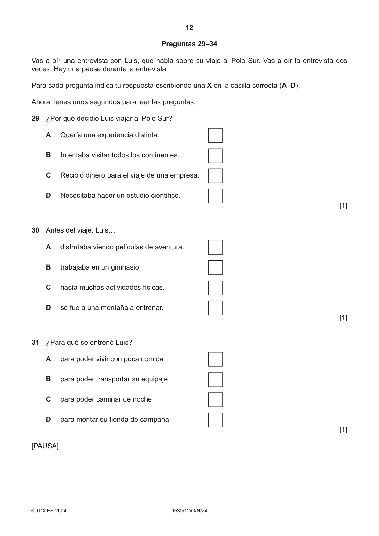 Cambridge IGCSE Spanish - Foreign Language 0530 2024 Oct/Nov Paper 1 · Variant 2 question paper, page 12 of 16