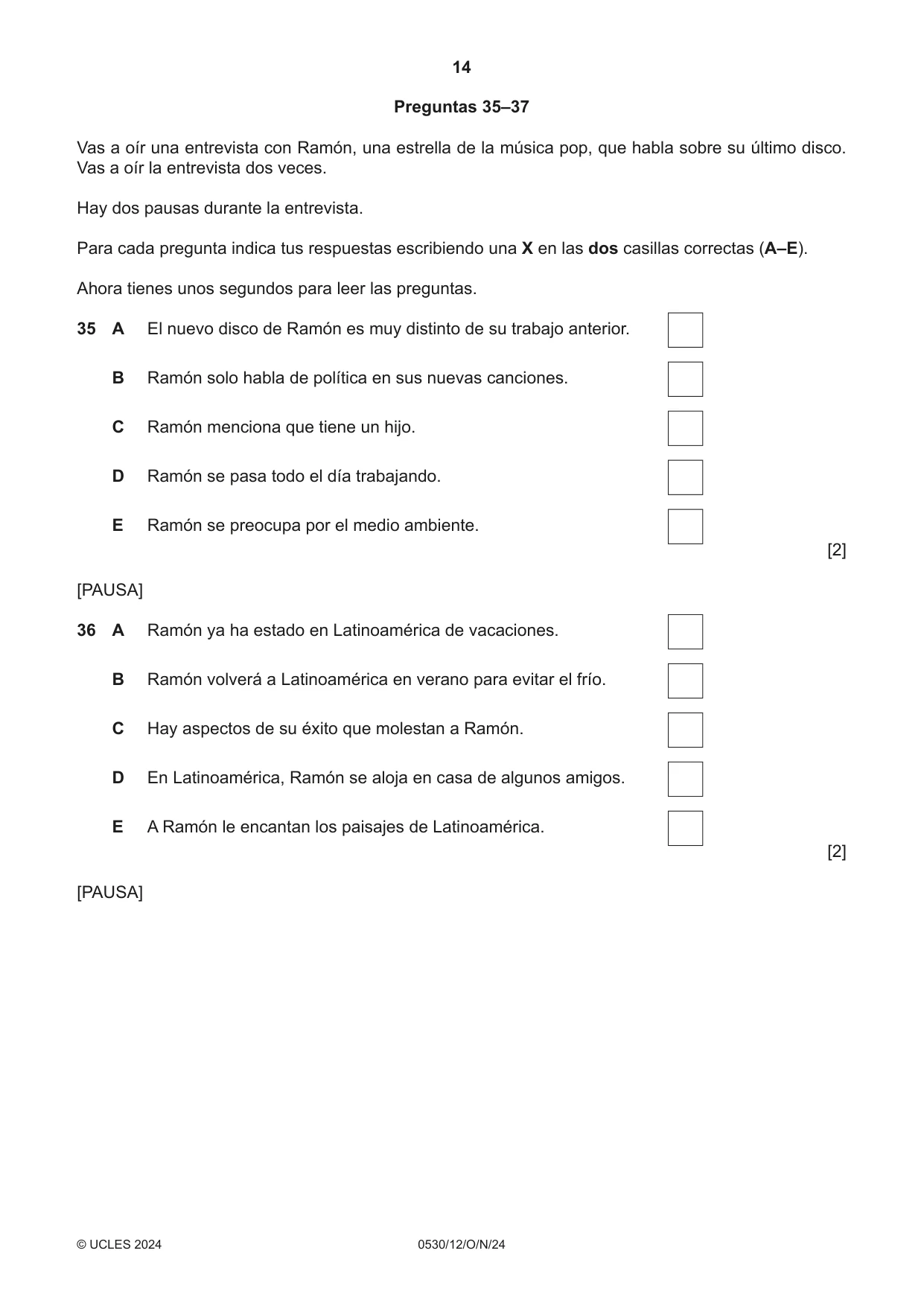 Cambridge IGCSE Spanish - Foreign Language 0530 2024 Oct/Nov Paper 1 · Variant 2 question paper, page 14 of 16