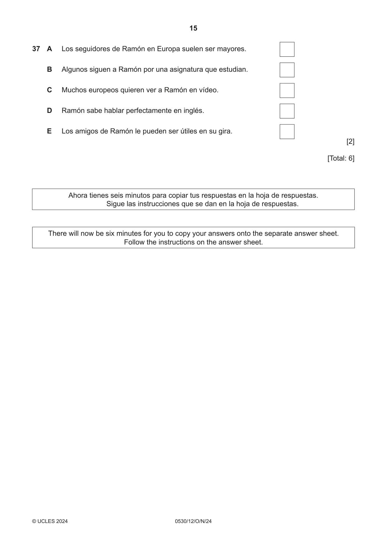 Cambridge IGCSE Spanish - Foreign Language 0530 2024 Oct/Nov Paper 1 · Variant 2 question paper, page 15 of 16