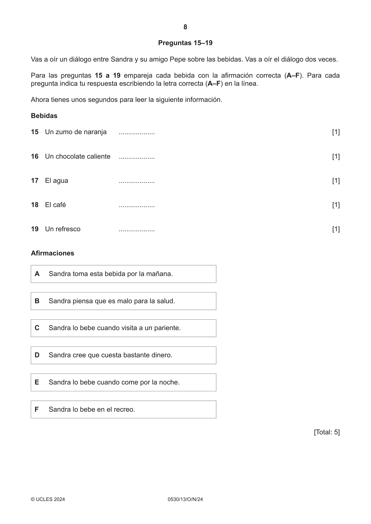 Cambridge IGCSE Spanish - Foreign Language 0530 2024 Oct/Nov Paper 1 · Variant 3 question paper, page 8 of 16