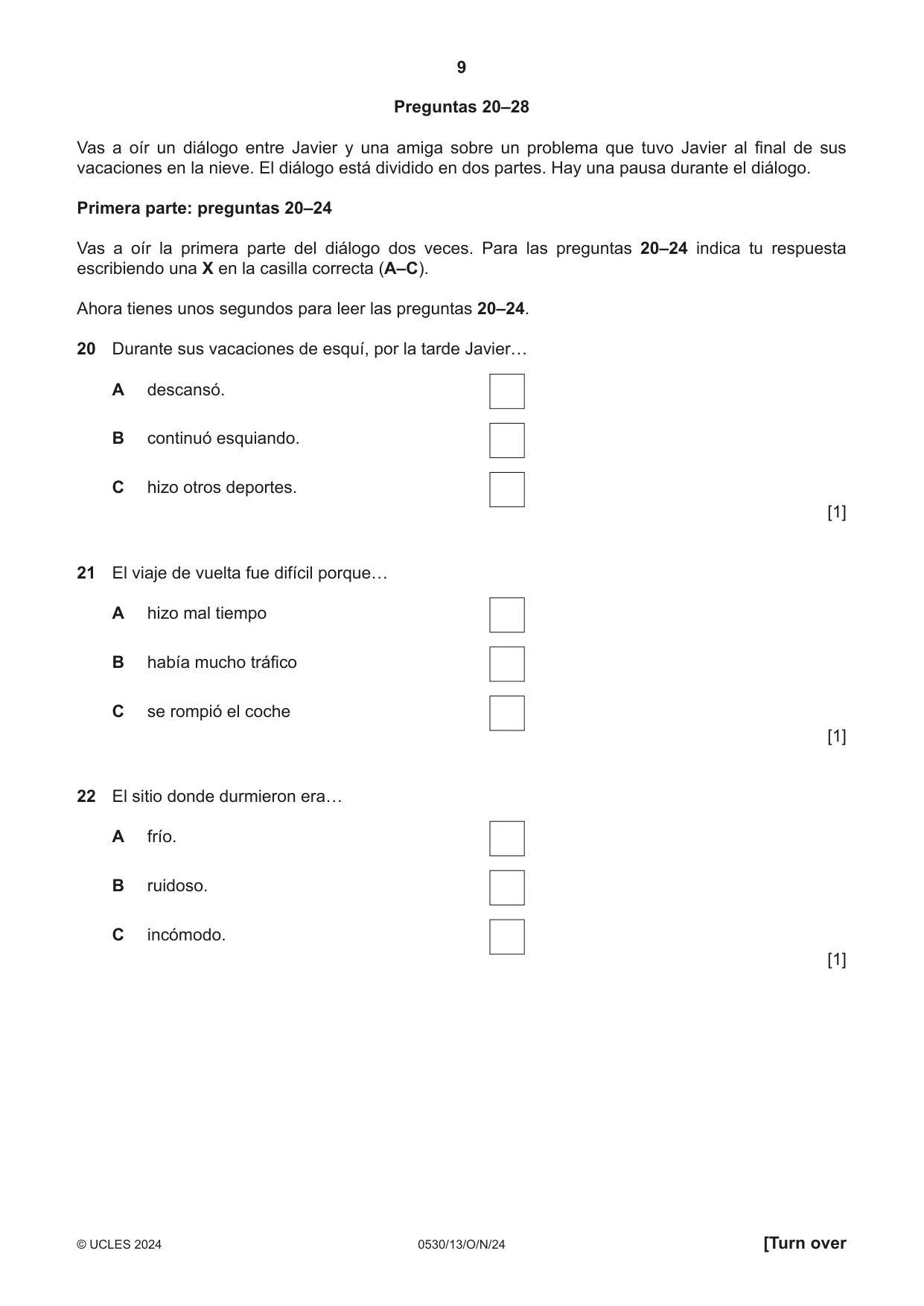 Cambridge IGCSE Spanish - Foreign Language 0530 2024 Oct/Nov Paper 1 · Variant 3 question paper, page 9 of 16