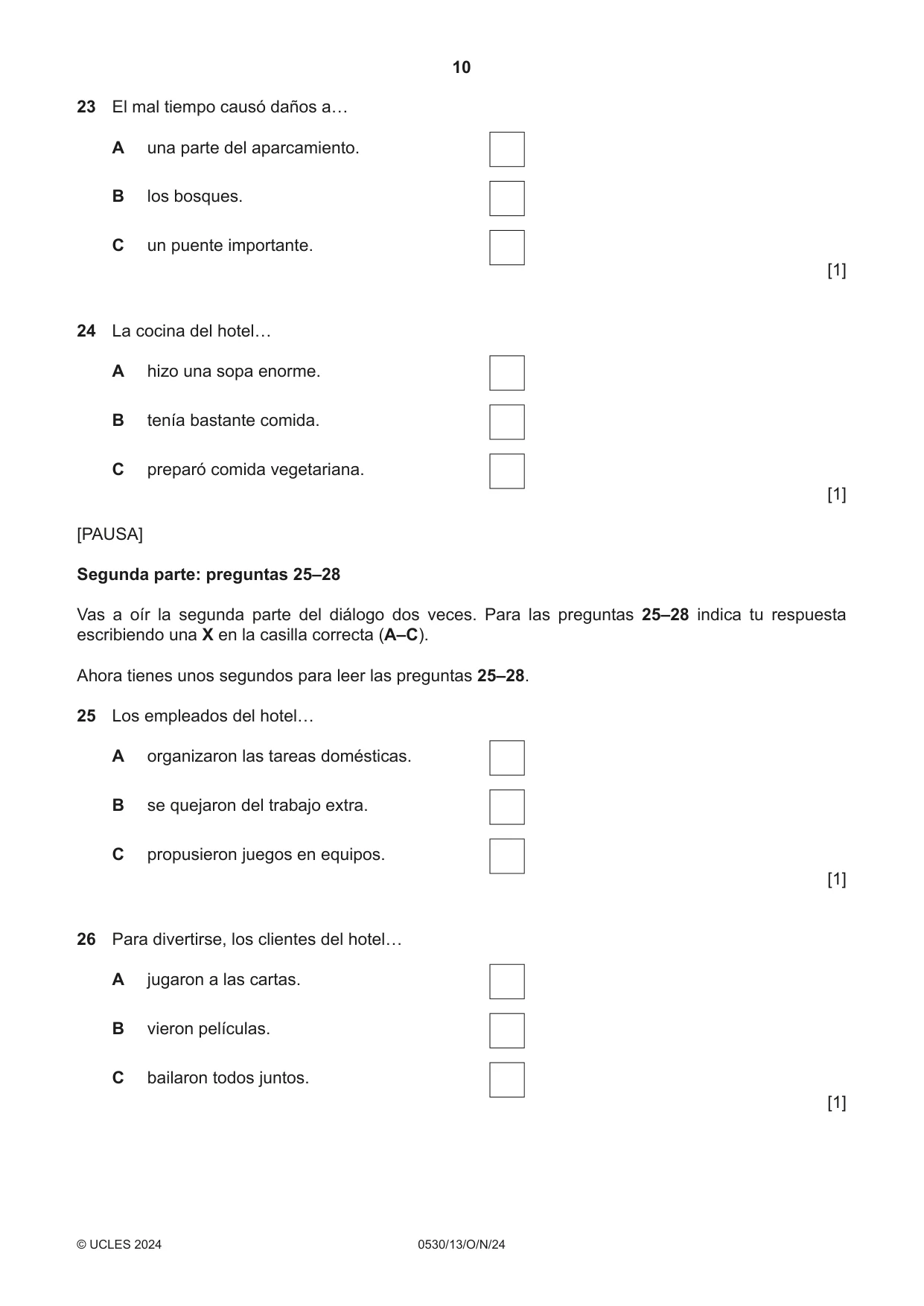 Cambridge IGCSE Spanish - Foreign Language 0530 2024 Oct/Nov Paper 1 · Variant 3 question paper, page 10 of 16
