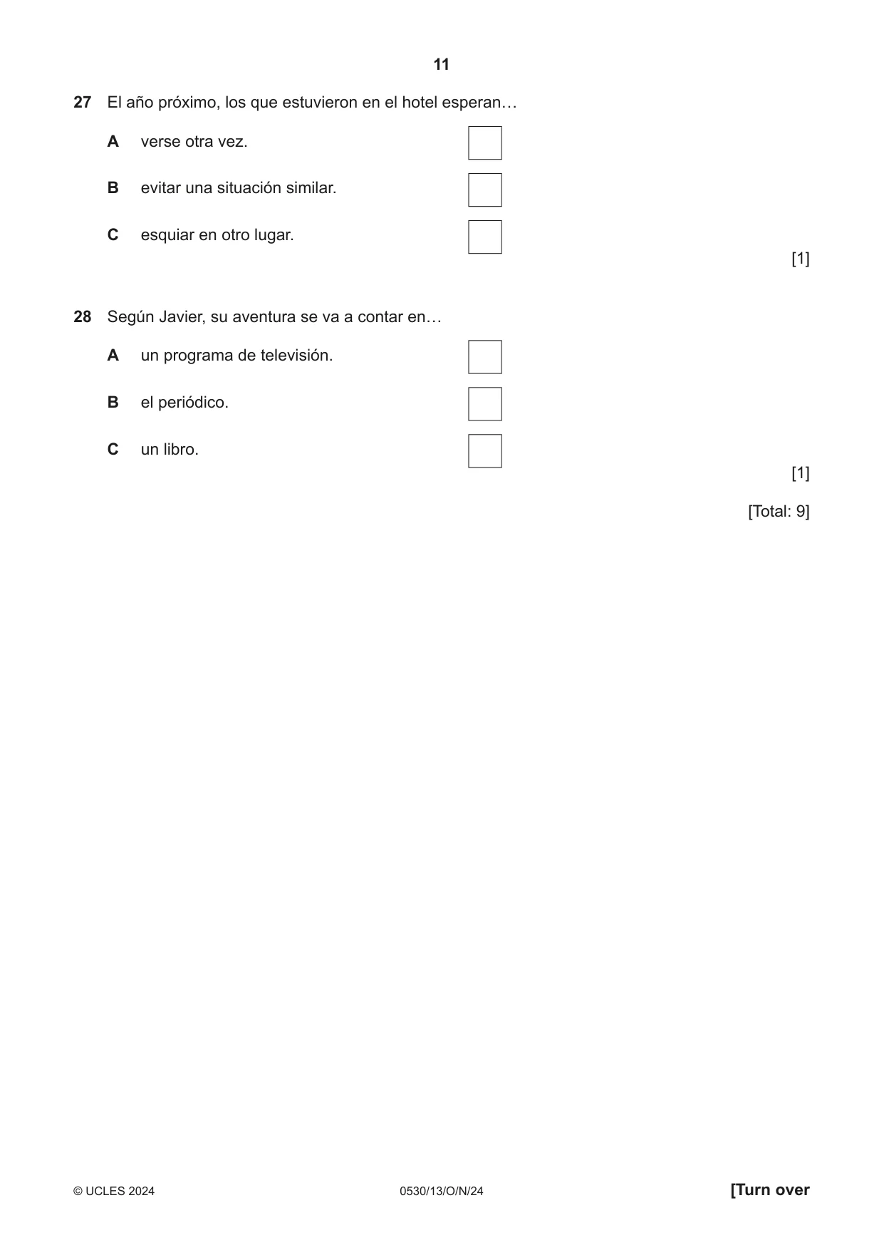 Cambridge IGCSE Spanish - Foreign Language 0530 2024 Oct/Nov Paper 1 · Variant 3 question paper, page 11 of 16