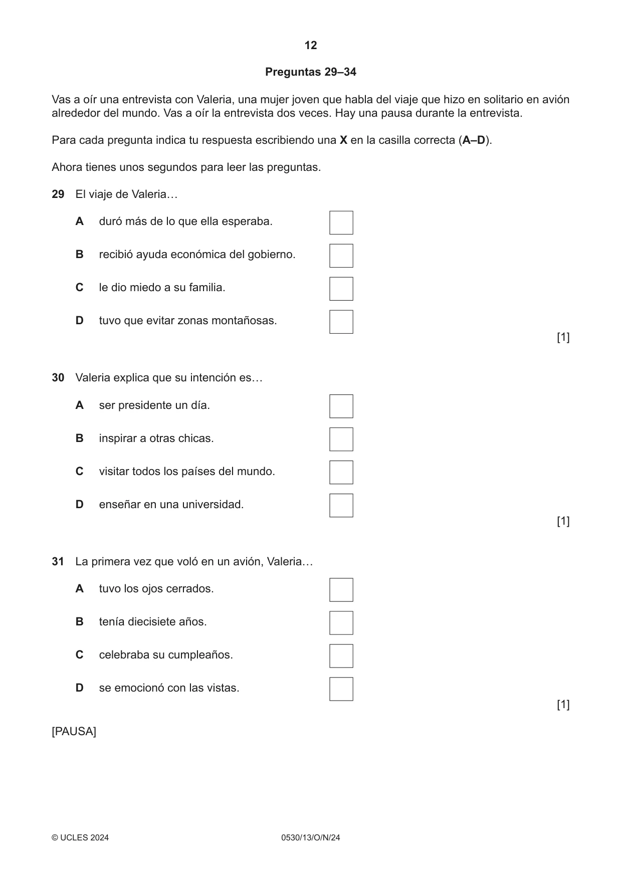 Cambridge IGCSE Spanish - Foreign Language 0530 2024 Oct/Nov Paper 1 · Variant 3 question paper, page 12 of 16