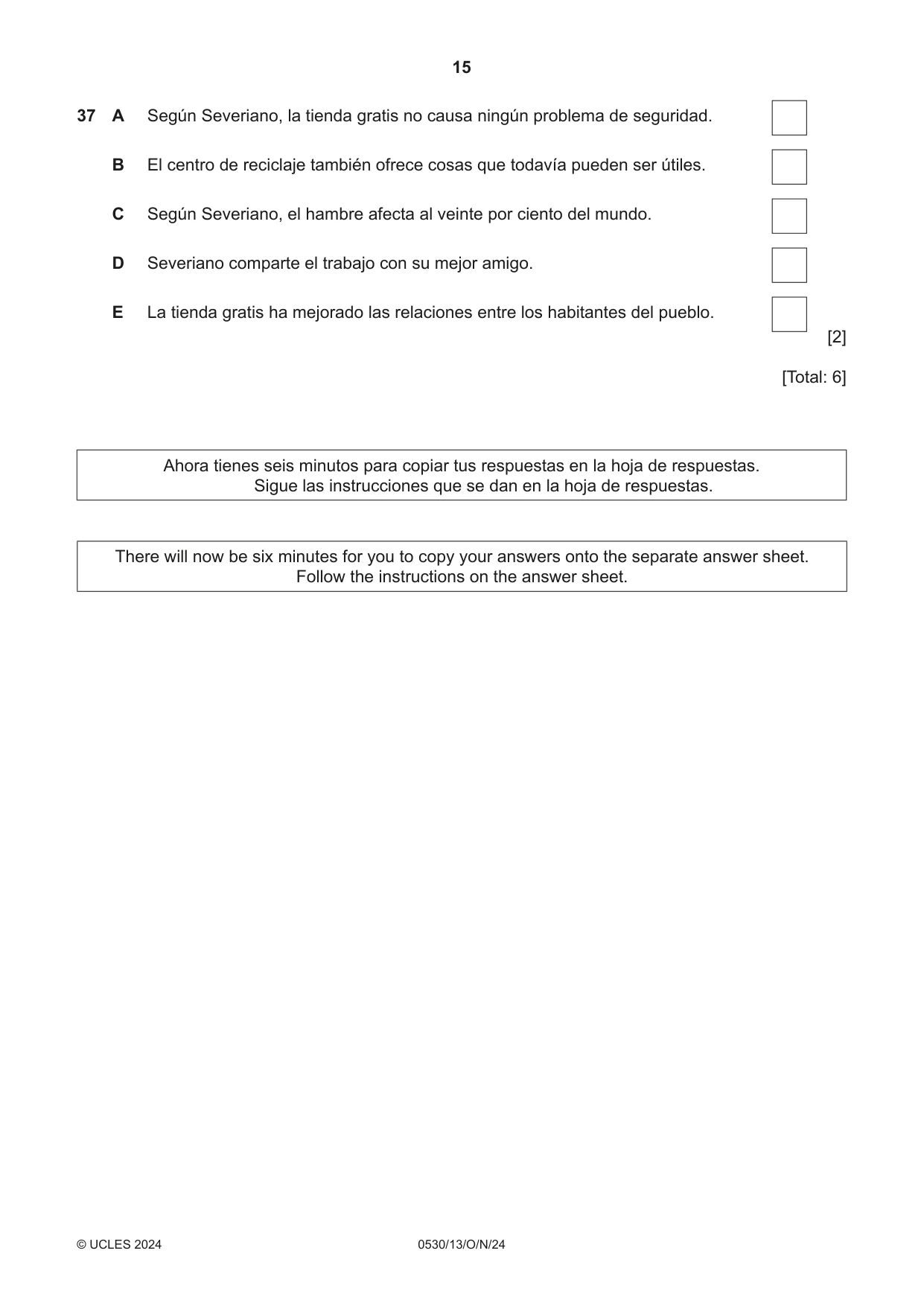 Cambridge IGCSE Spanish - Foreign Language 0530 2024 Oct/Nov Paper 1 · Variant 3 question paper, page 15 of 16