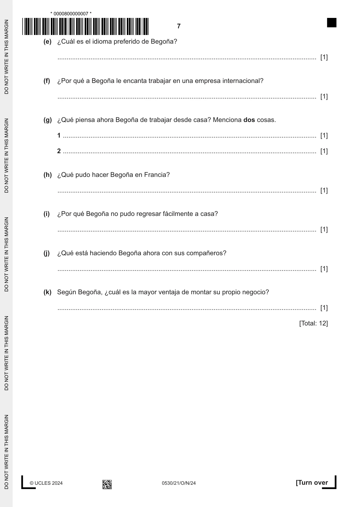 Cambridge IGCSE Spanish - Foreign Language 0530 2024 Oct/Nov Paper 2 · Variant 1 question paper, page 7 of 12