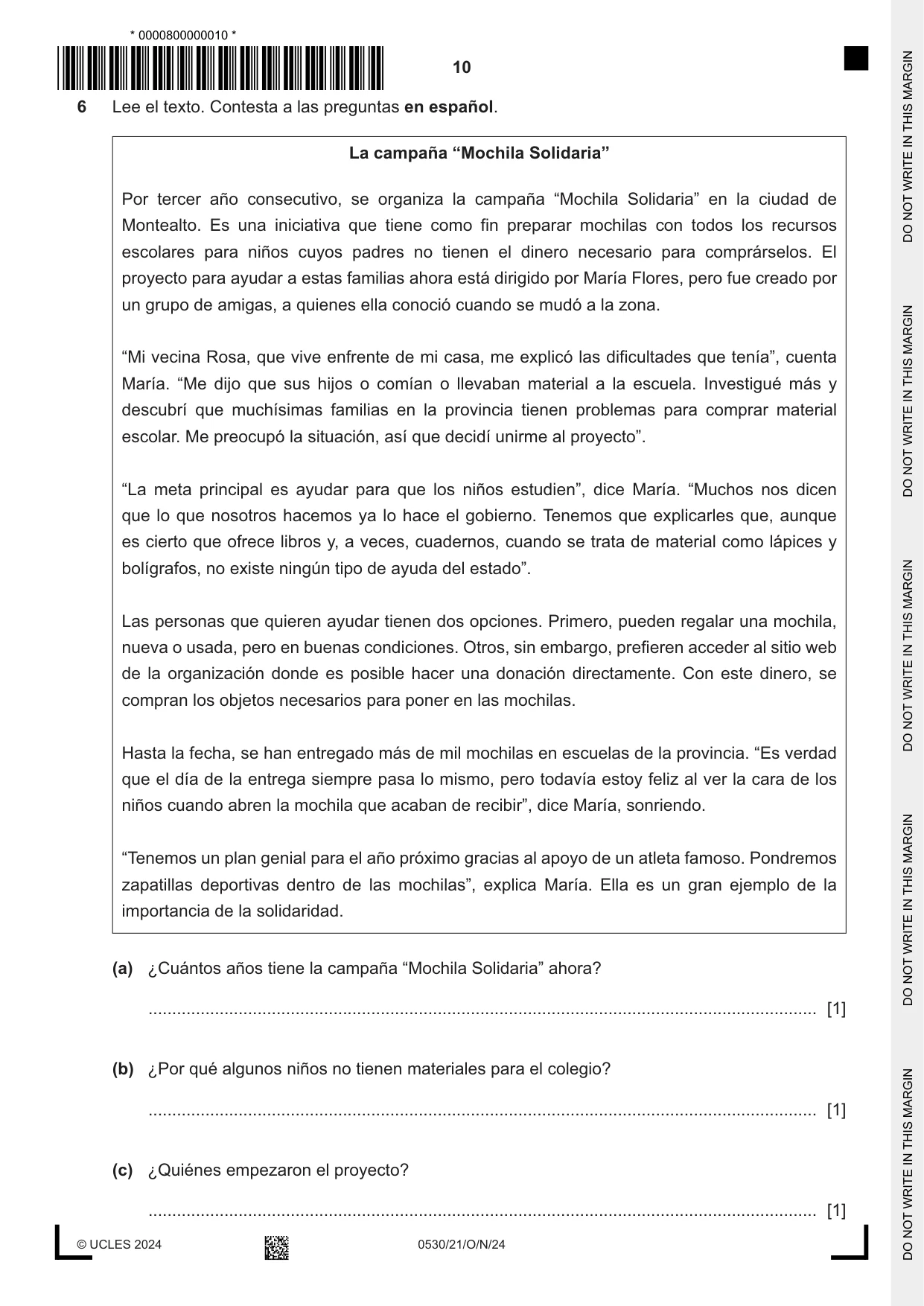 Cambridge IGCSE Spanish - Foreign Language 0530 2024 Oct/Nov Paper 2 · Variant 1 question paper, page 10 of 12