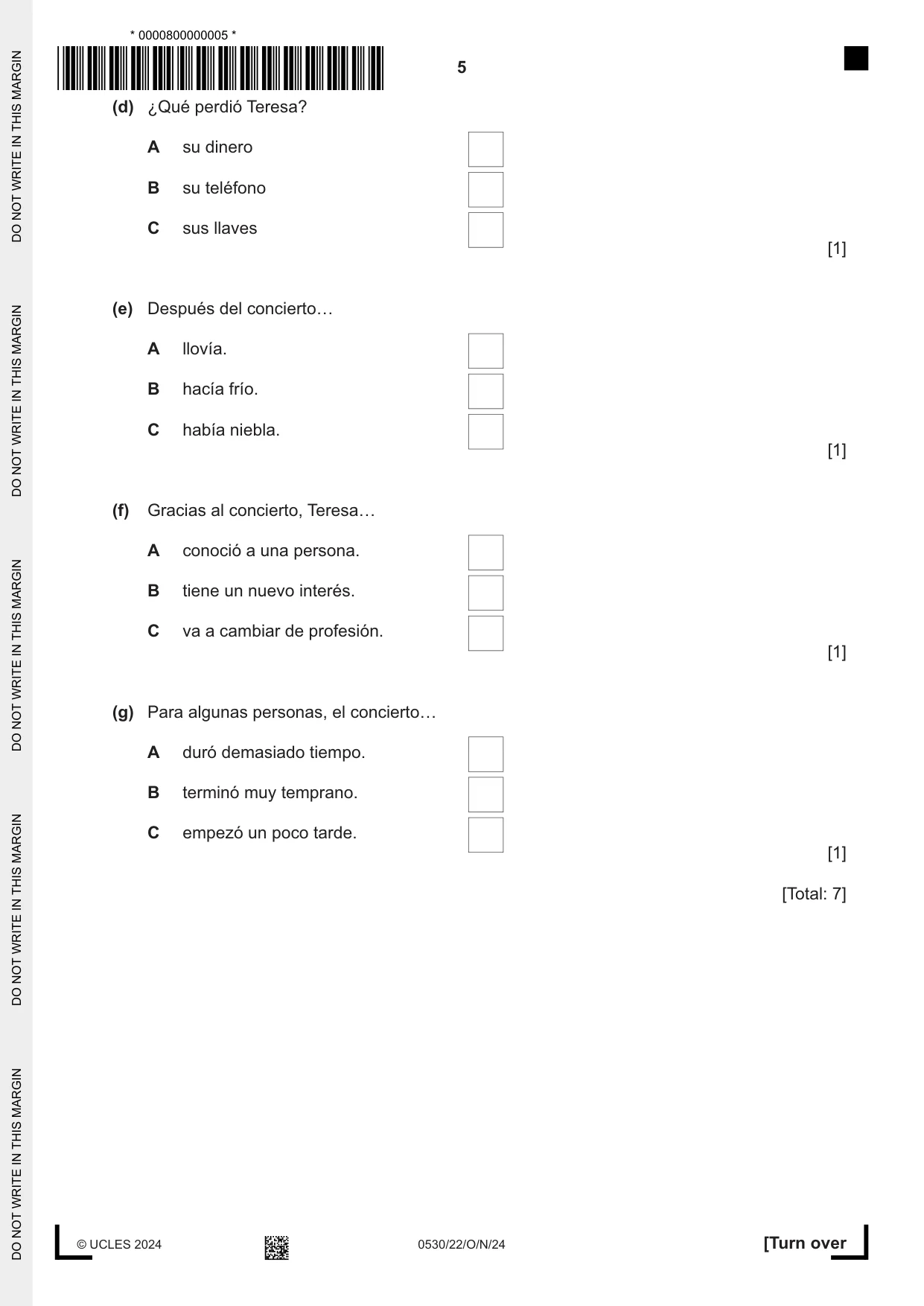 Cambridge IGCSE Spanish - Foreign Language 0530 2024 Oct/Nov Paper 2 · Variant 2 question paper, page 5 of 12