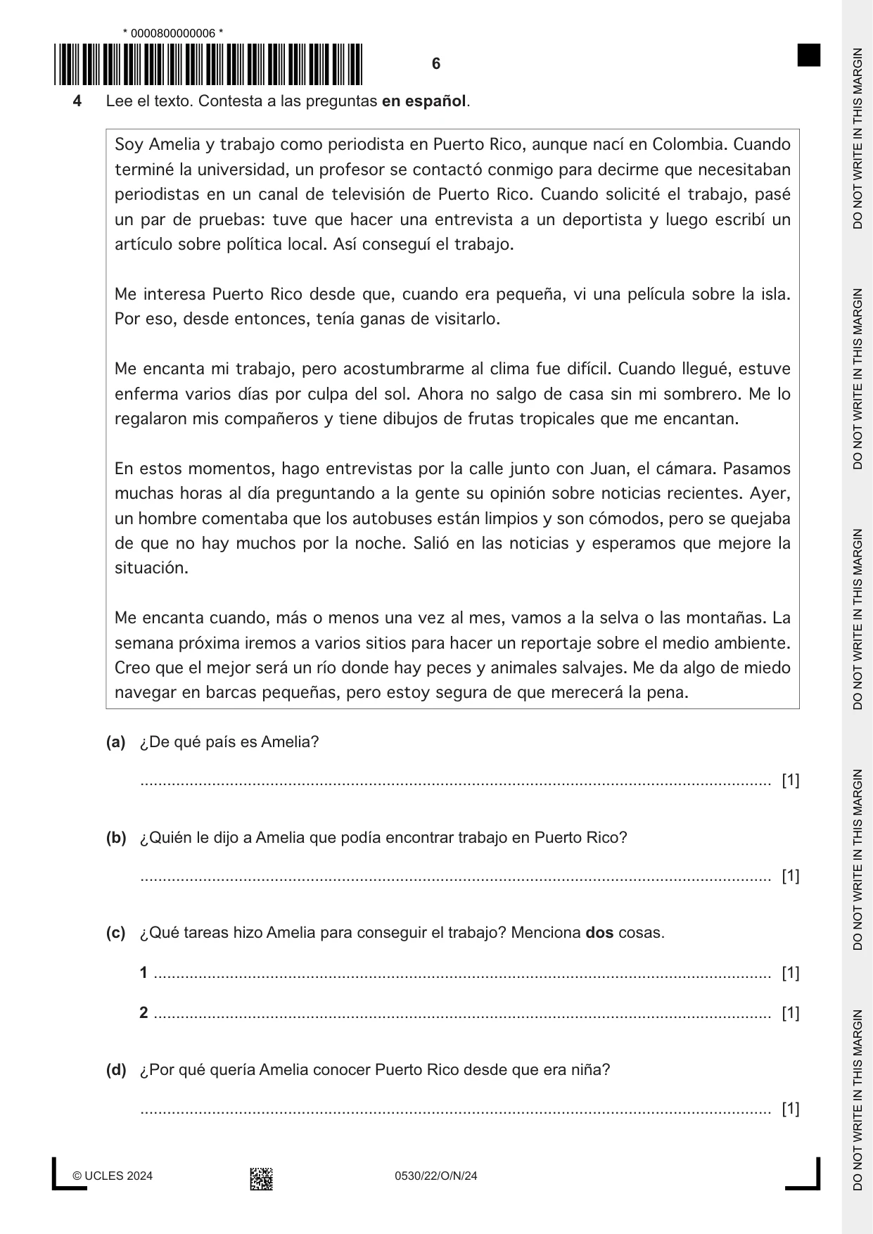 Cambridge IGCSE Spanish - Foreign Language 0530 2024 Oct/Nov Paper 2 · Variant 2 question paper, page 6 of 12