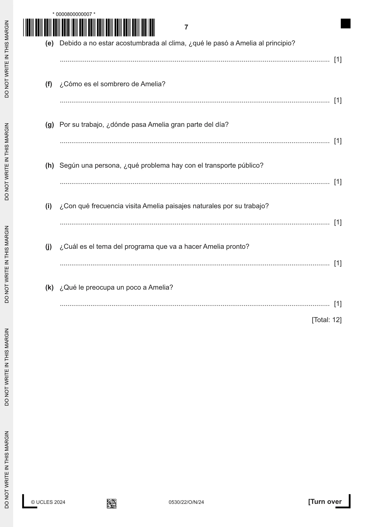 Cambridge IGCSE Spanish - Foreign Language 0530 2024 Oct/Nov Paper 2 · Variant 2 question paper, page 7 of 12