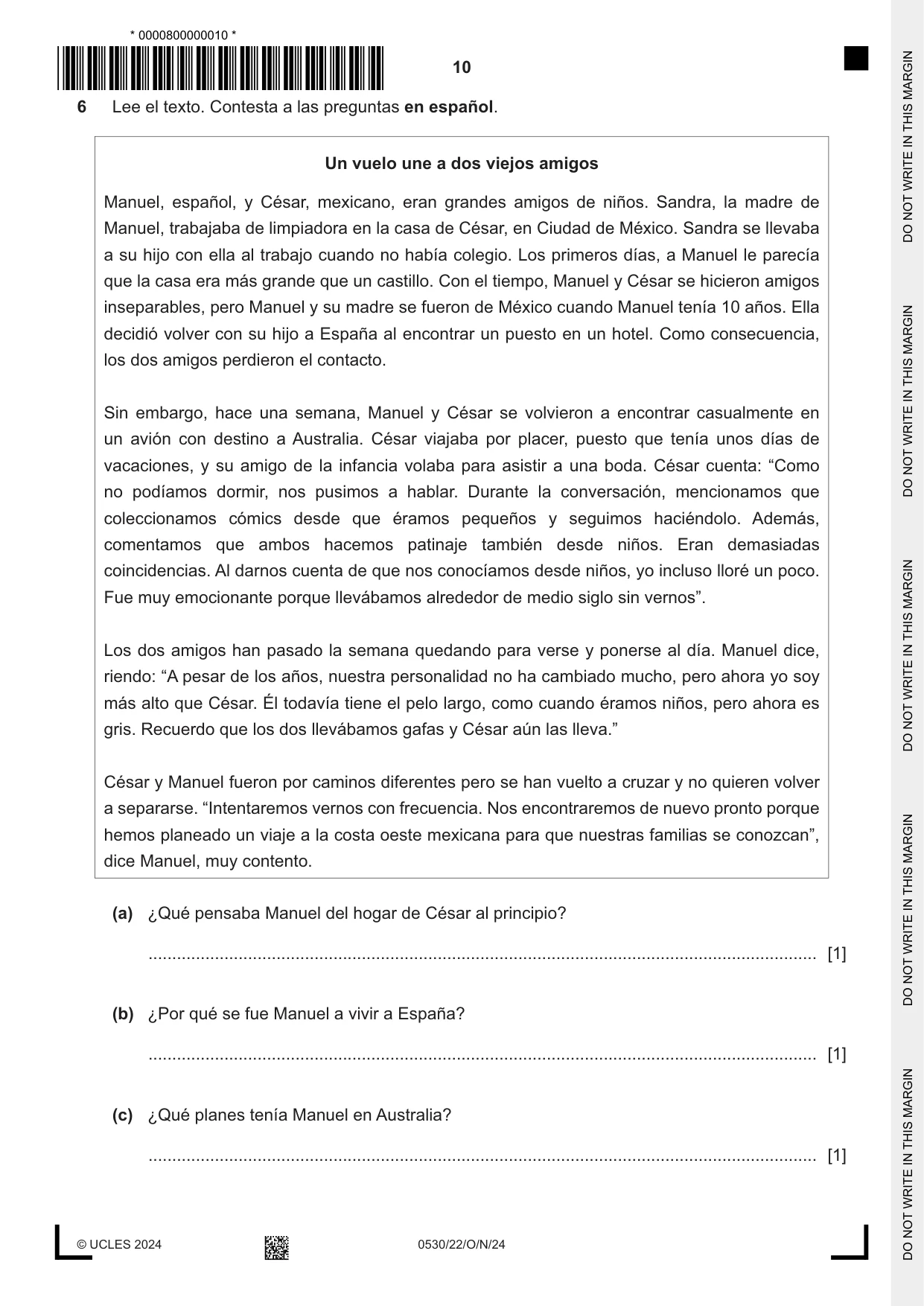 Cambridge IGCSE Spanish - Foreign Language 0530 2024 Oct/Nov Paper 2 · Variant 2 question paper, page 10 of 12