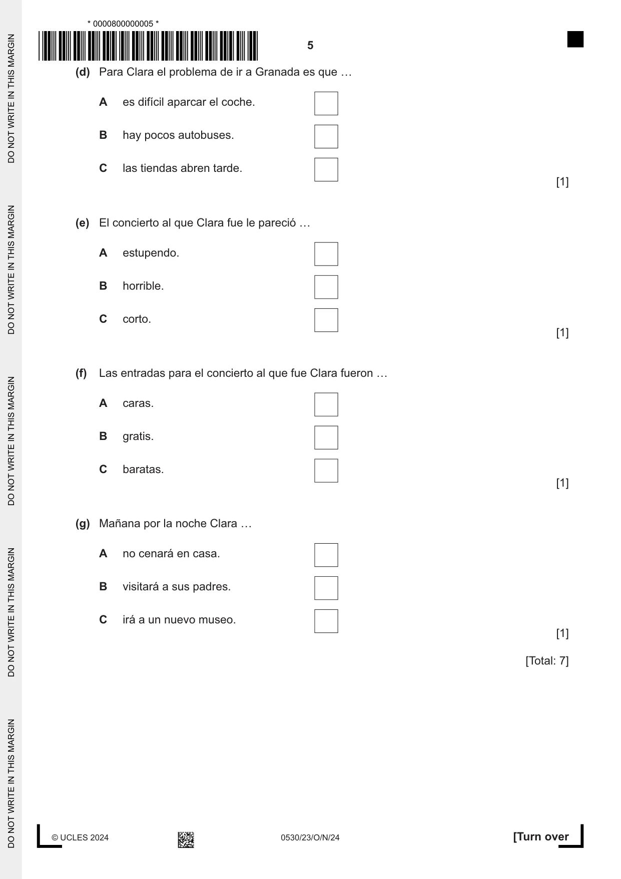 Cambridge IGCSE Spanish - Foreign Language 0530 2024 Oct/Nov Paper 2 · Variant 3 question paper, page 5 of 12