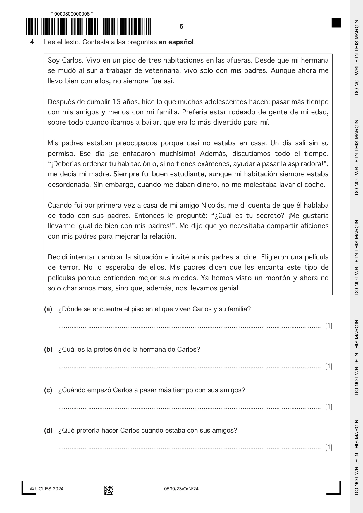 Cambridge IGCSE Spanish - Foreign Language 0530 2024 Oct/Nov Paper 2 · Variant 3 question paper, page 6 of 12
