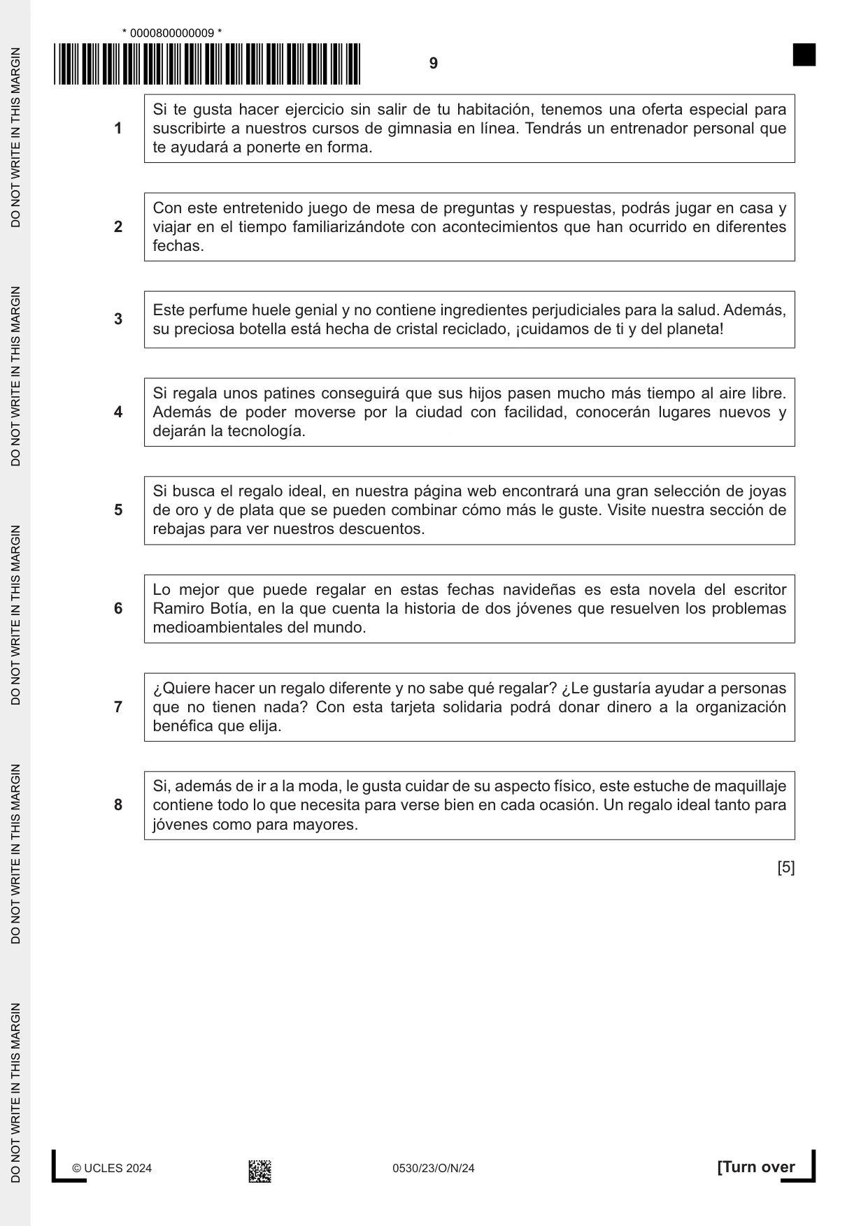 Cambridge IGCSE Spanish - Foreign Language 0530 2024 Oct/Nov Paper 2 · Variant 3 question paper, page 9 of 12