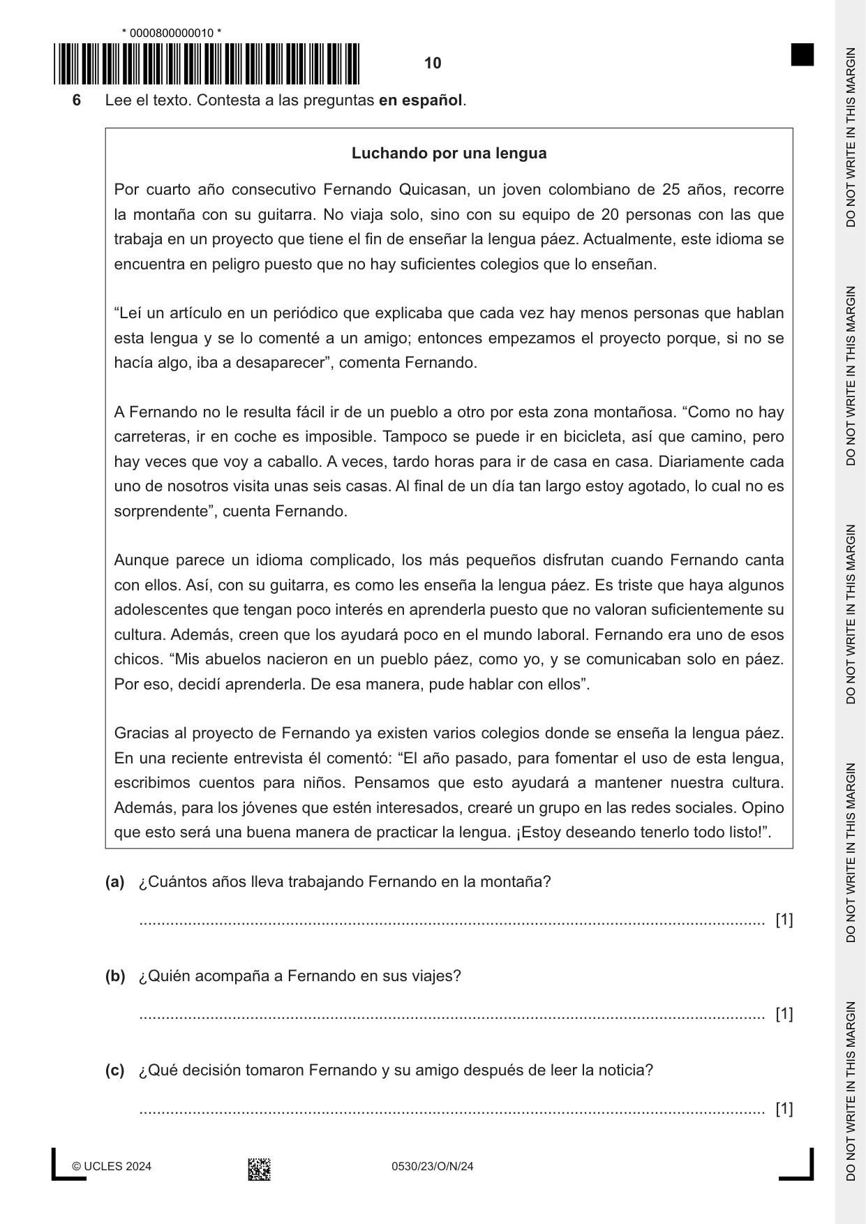 Cambridge IGCSE Spanish - Foreign Language 0530 2024 Oct/Nov Paper 2 · Variant 3 question paper, page 10 of 12