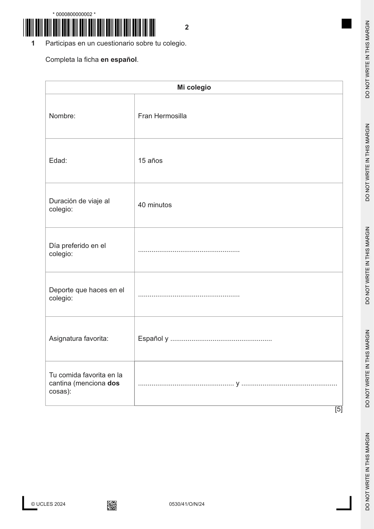 Cambridge IGCSE Spanish - Foreign Language 0530 2024 Oct/Nov Paper 4 · Variant 1 question paper, page 2 of 8