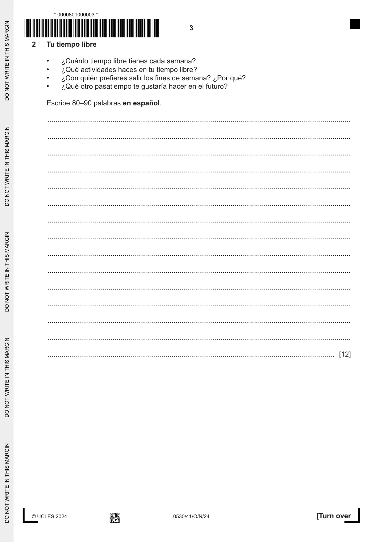 Cambridge IGCSE Spanish - Foreign Language 0530 2024 Oct/Nov Paper 4 · Variant 1 question paper, page 3 of 8