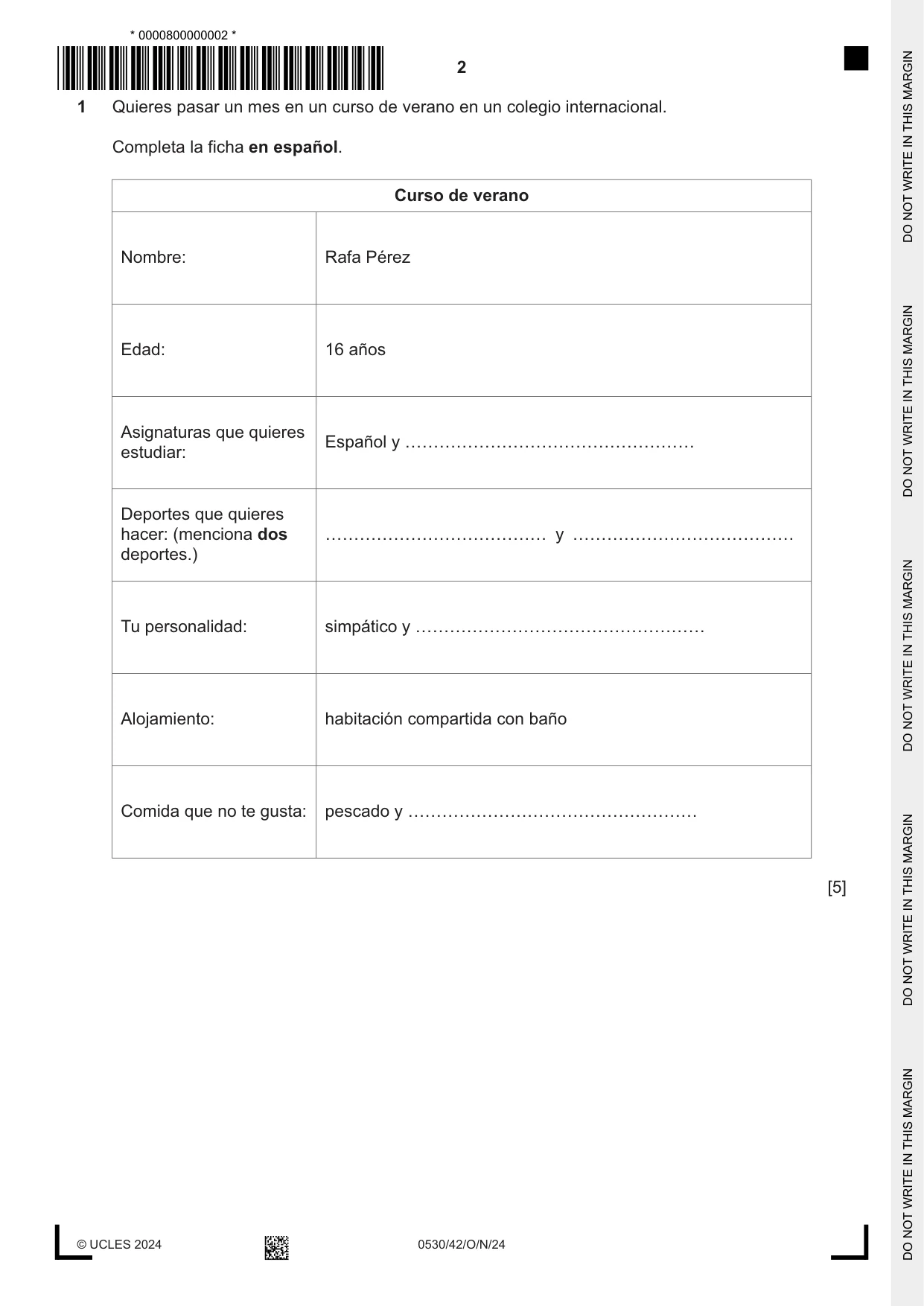 Cambridge IGCSE Spanish - Foreign Language 0530 2024 Oct/Nov Paper 4 · Variant 2 question paper, page 2 of 8