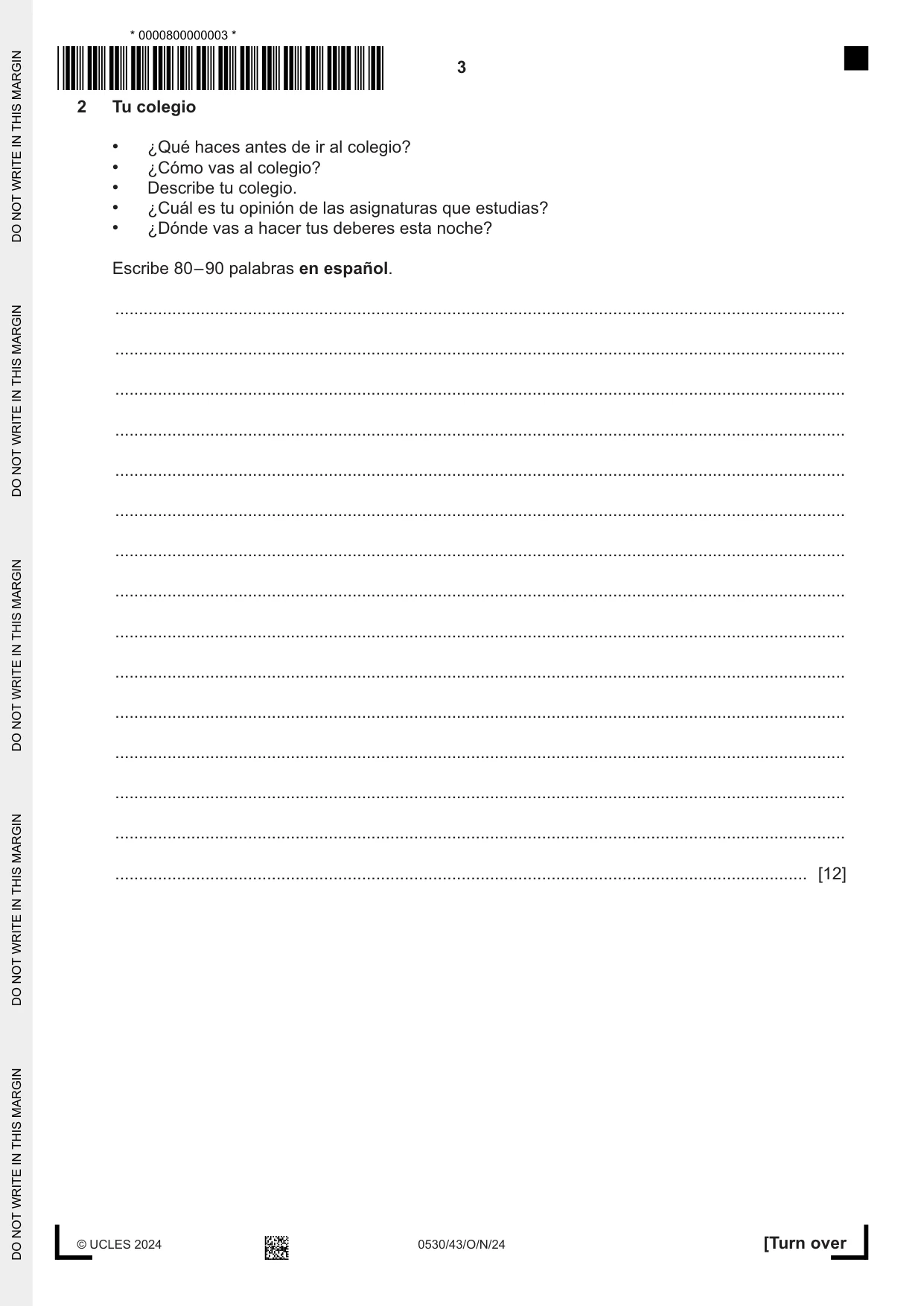 Cambridge IGCSE Spanish - Foreign Language 0530 2024 Oct/Nov Paper 4 · Variant 3 question paper, page 3 of 8
