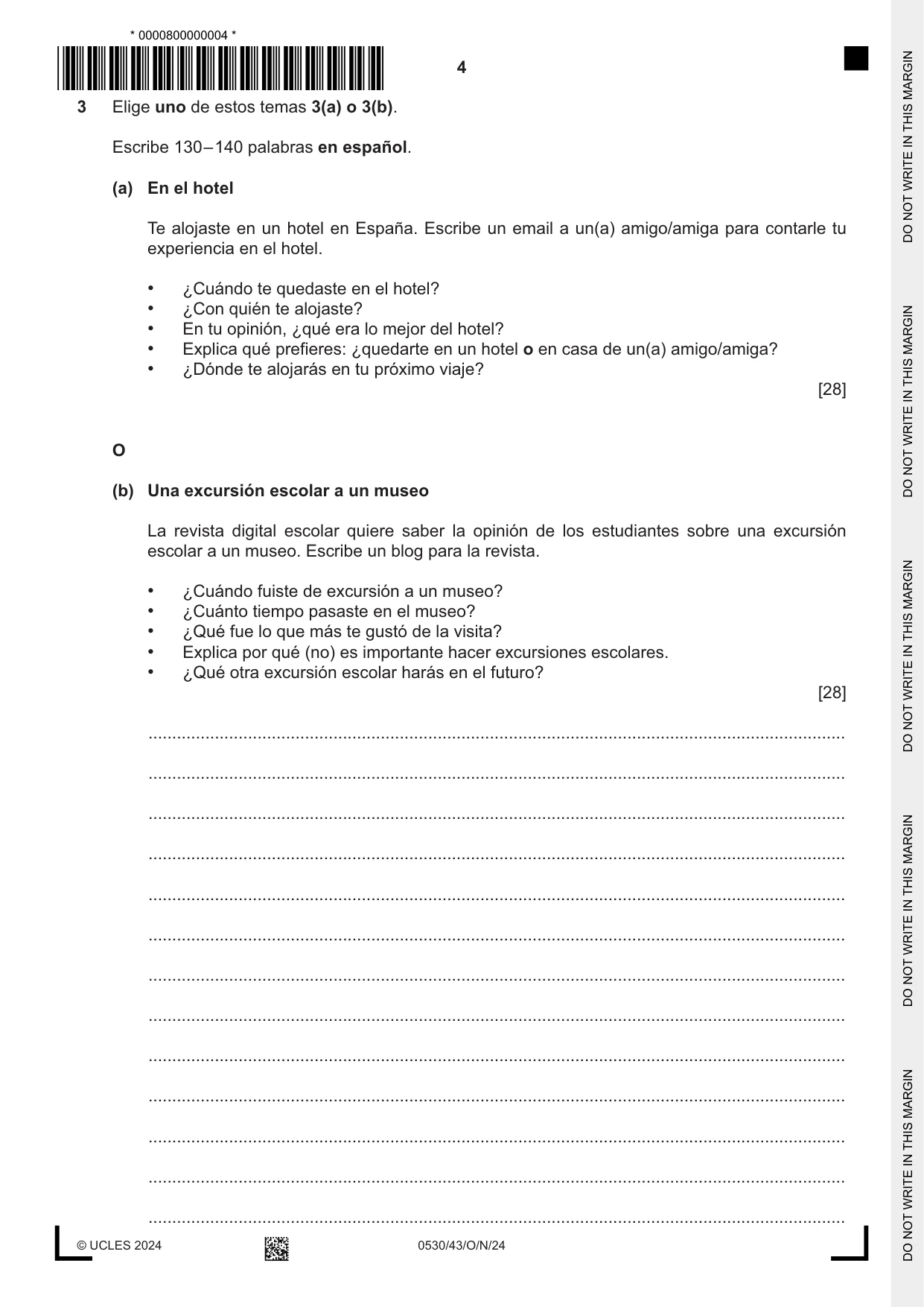 Cambridge IGCSE Spanish - Foreign Language 0530 2024 Oct/Nov Paper 4 · Variant 3 question paper, page 4 of 8