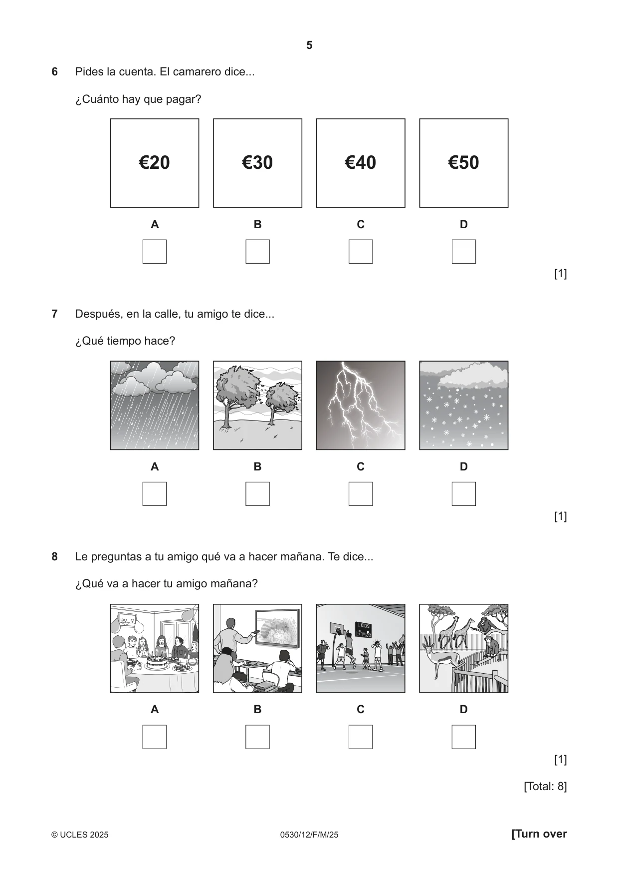 Cambridge IGCSE Spanish - Foreign Language 0530 2025 Feb/March Paper 1 · Variant 2 question paper, page 5 of 16