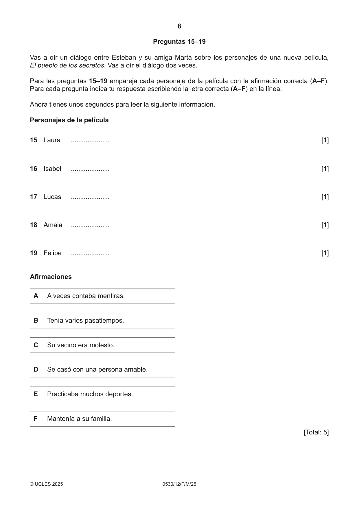 Cambridge IGCSE Spanish - Foreign Language 0530 2025 Feb/March Paper 1 · Variant 2 question paper, page 8 of 16
