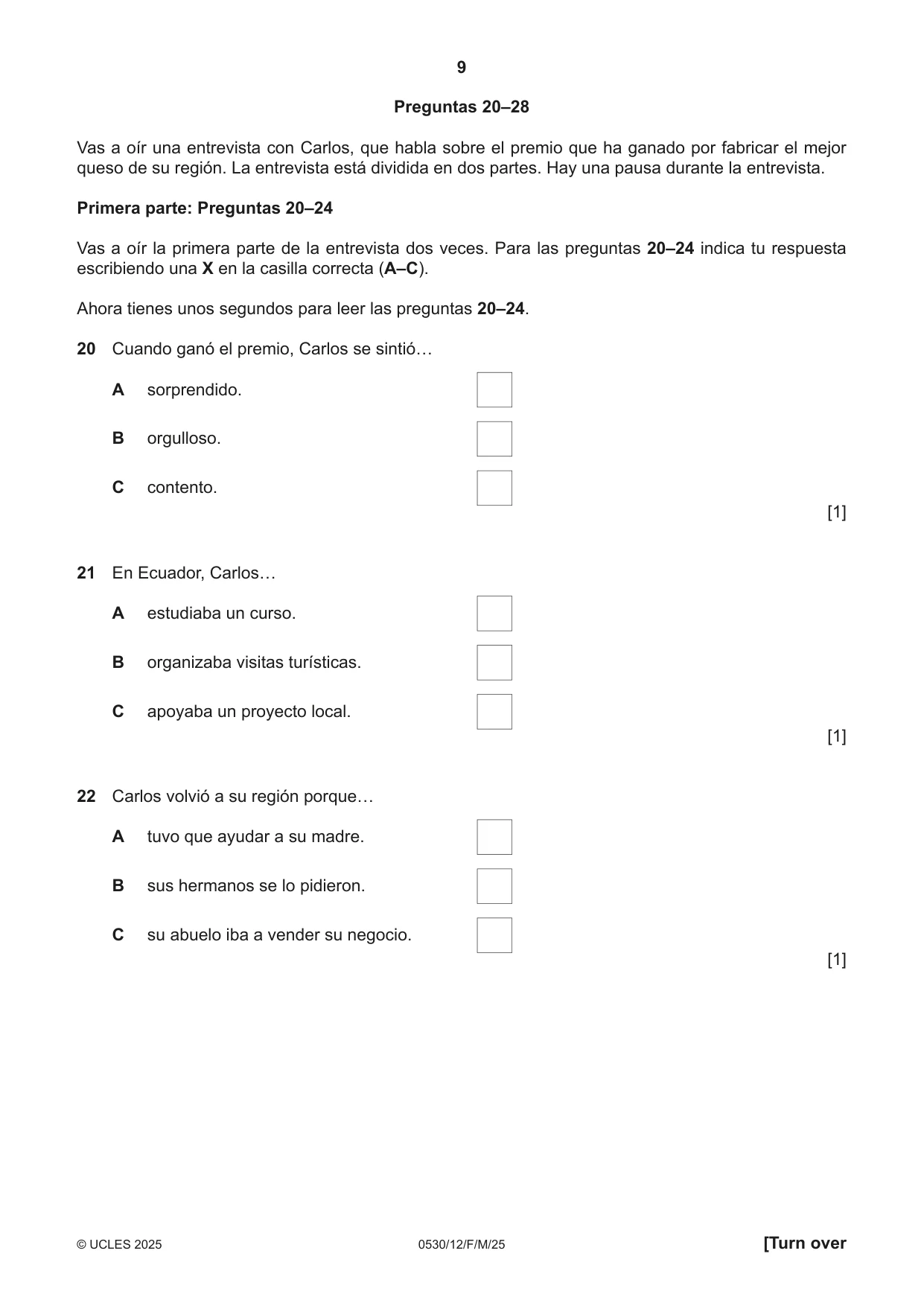 Cambridge IGCSE Spanish - Foreign Language 0530 2025 Feb/March Paper 1 · Variant 2 question paper, page 9 of 16