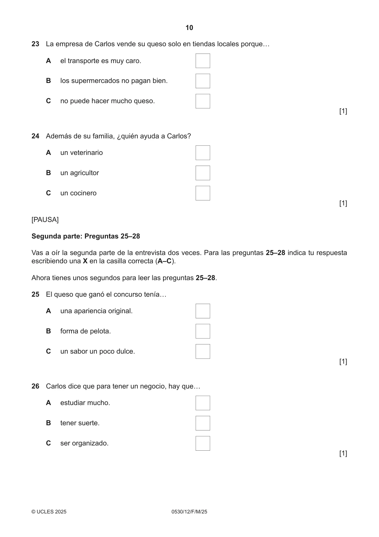 Cambridge IGCSE Spanish - Foreign Language 0530 2025 Feb/March Paper 1 · Variant 2 question paper, page 10 of 16