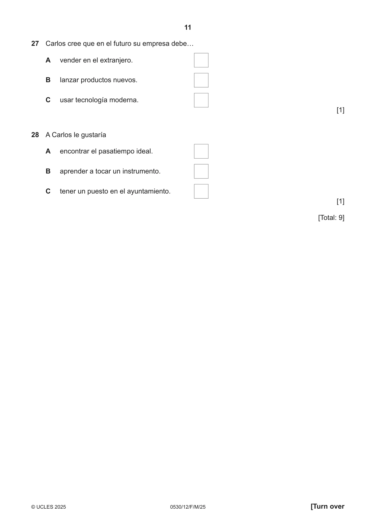 Cambridge IGCSE Spanish - Foreign Language 0530 2025 Feb/March Paper 1 · Variant 2 question paper, page 11 of 16