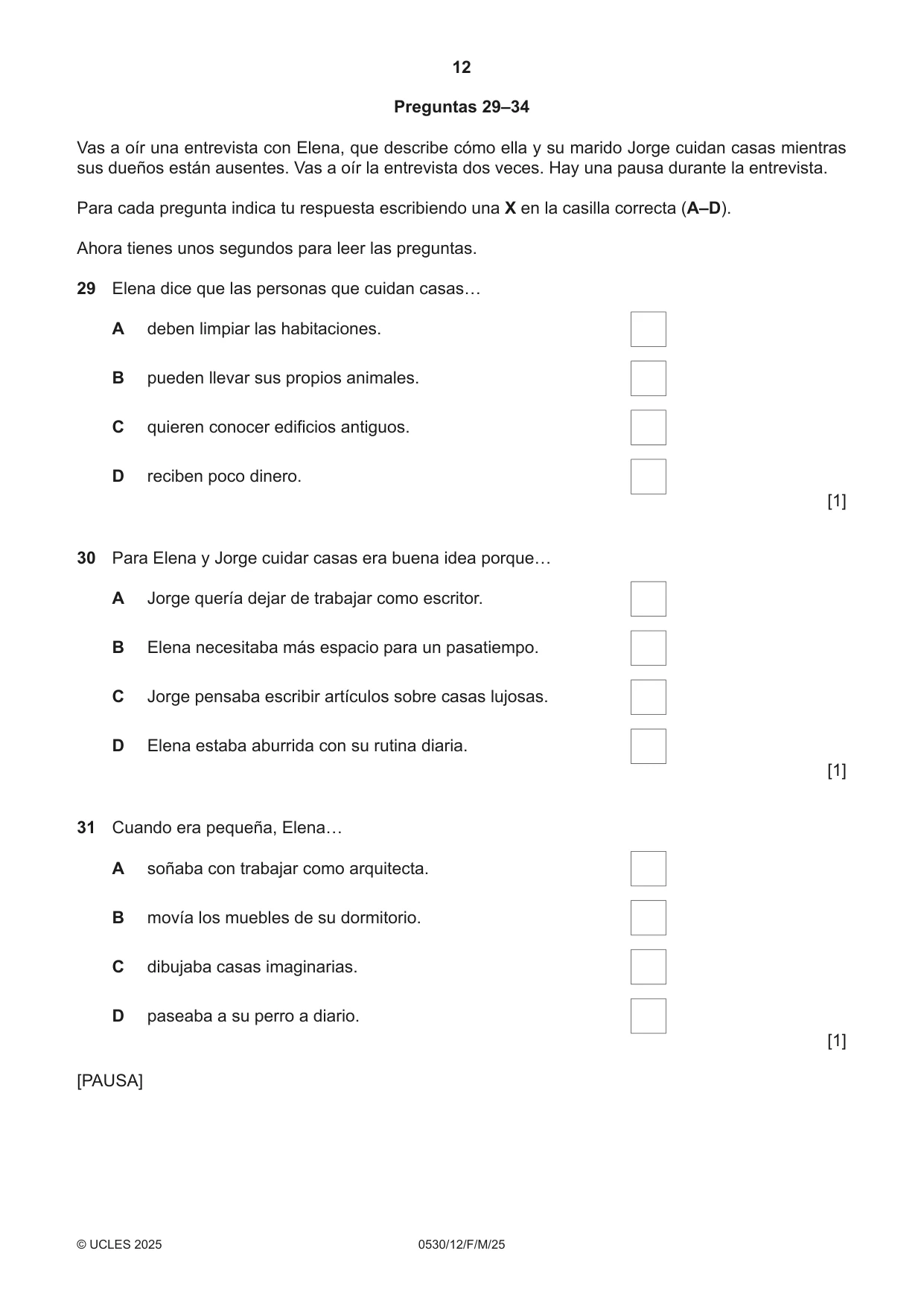Cambridge IGCSE Spanish - Foreign Language 0530 2025 Feb/March Paper 1 · Variant 2 question paper, page 12 of 16