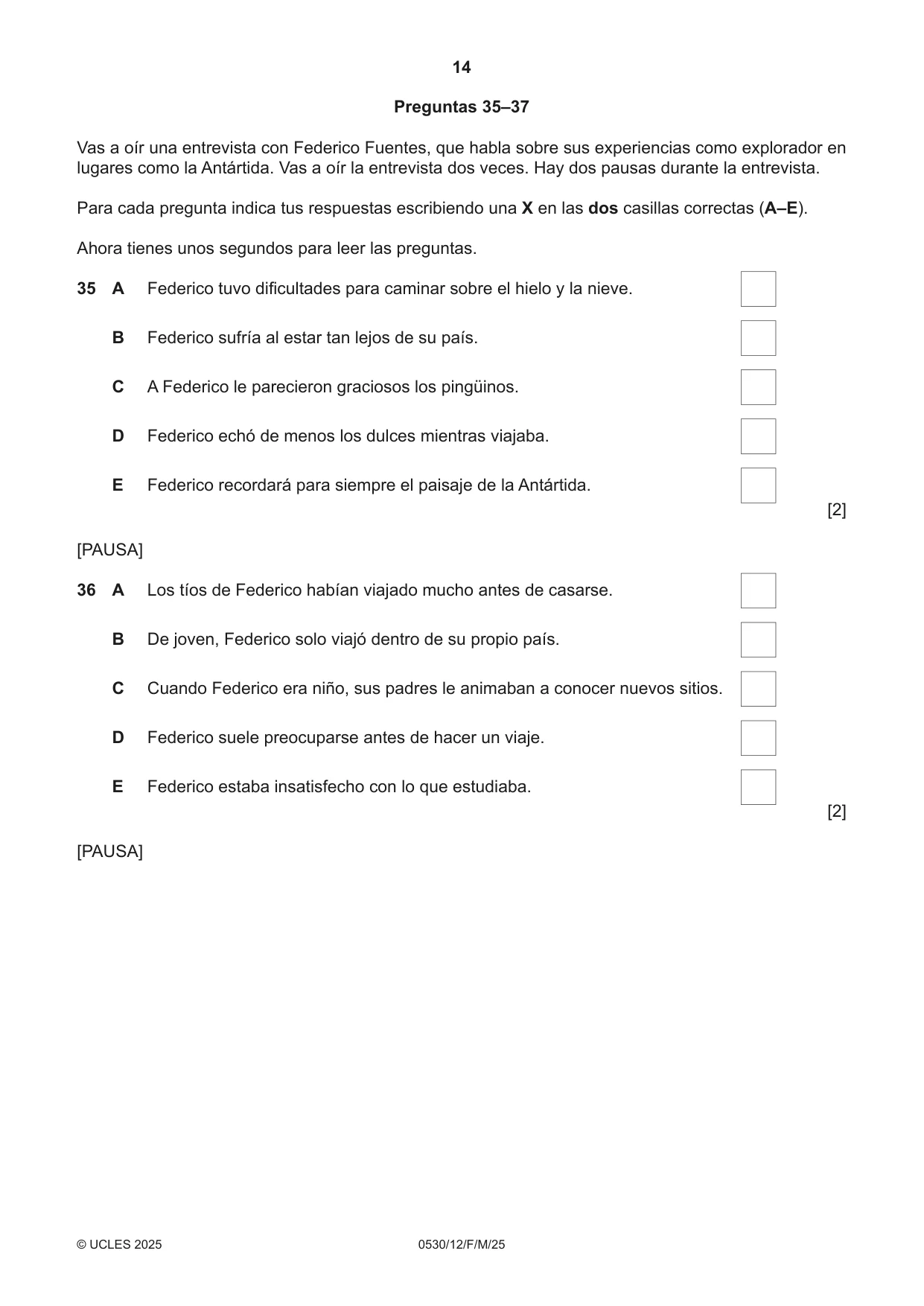 Cambridge IGCSE Spanish - Foreign Language 0530 2025 Feb/March Paper 1 · Variant 2 question paper, page 14 of 16