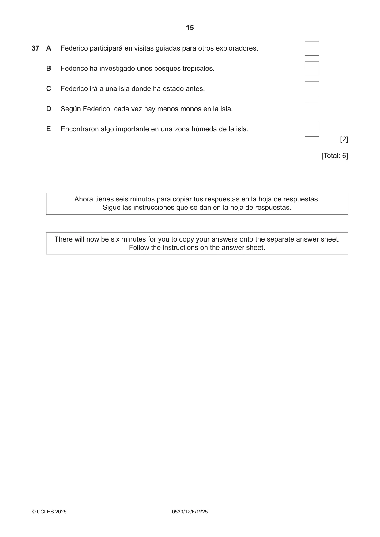 Cambridge IGCSE Spanish - Foreign Language 0530 2025 Feb/March Paper 1 · Variant 2 question paper, page 15 of 16