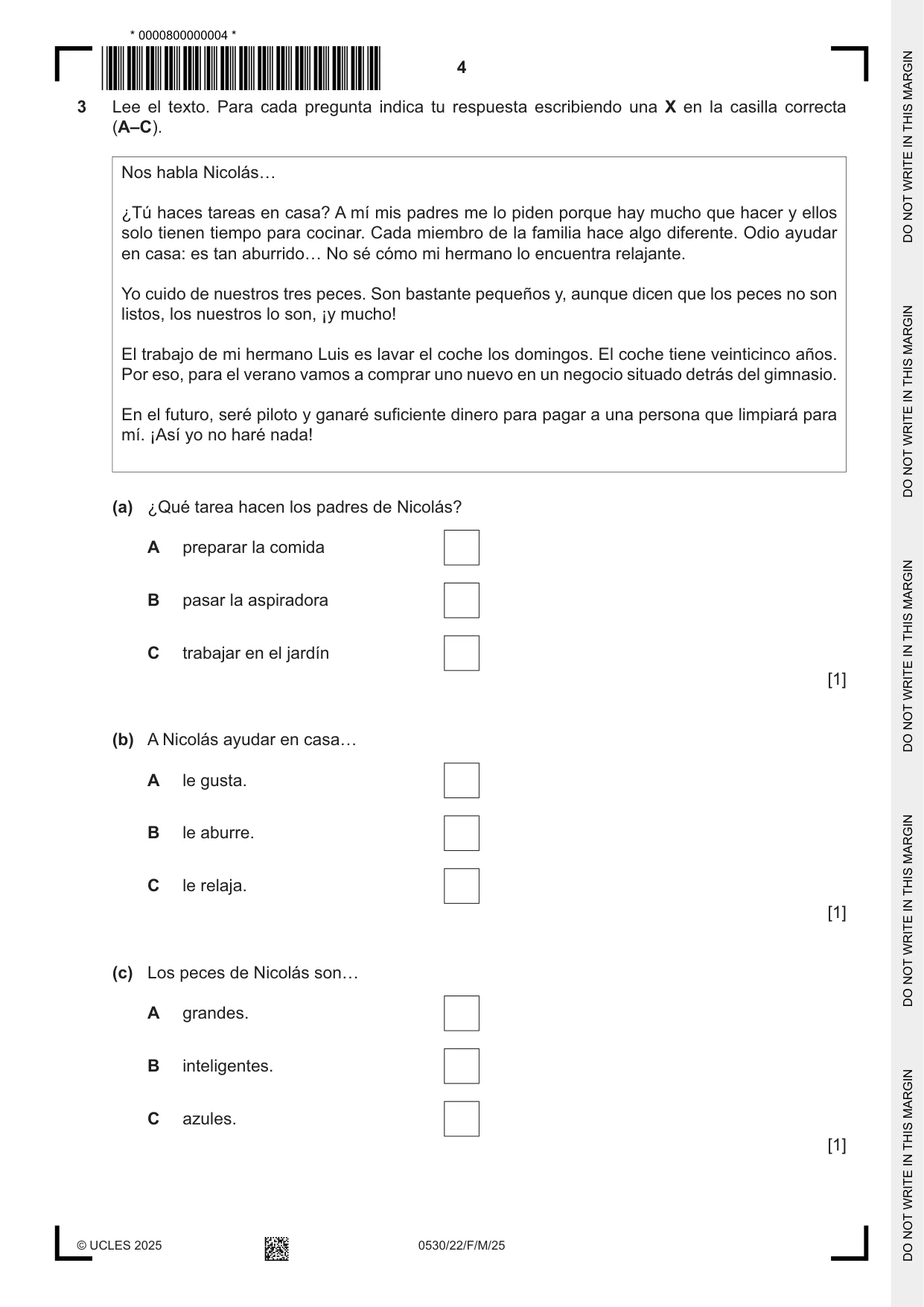 Cambridge IGCSE Spanish - Foreign Language 0530 2025 Feb/March Paper 2 · Variant 2 question paper, page 4 of 12