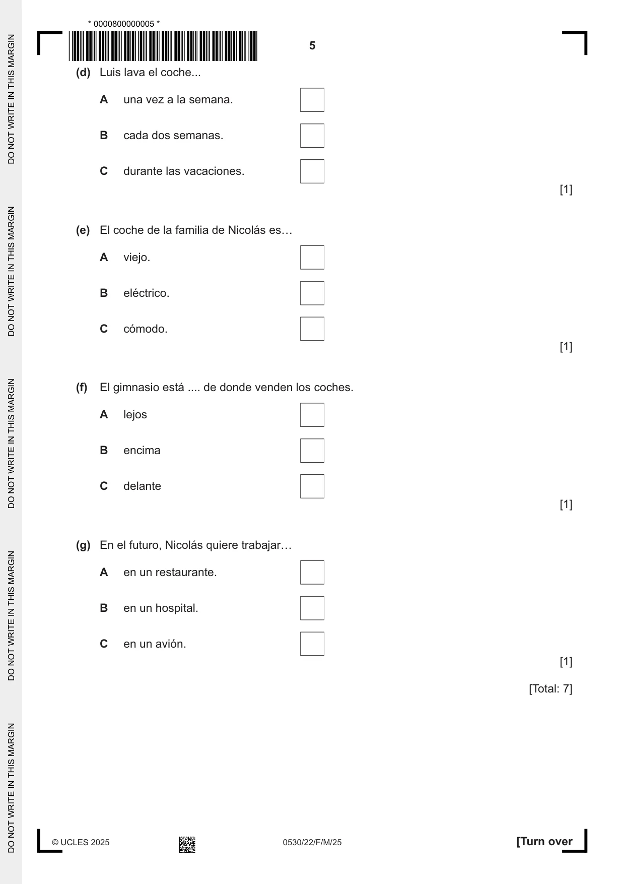 Cambridge IGCSE Spanish - Foreign Language 0530 2025 Feb/March Paper 2 · Variant 2 question paper, page 5 of 12
