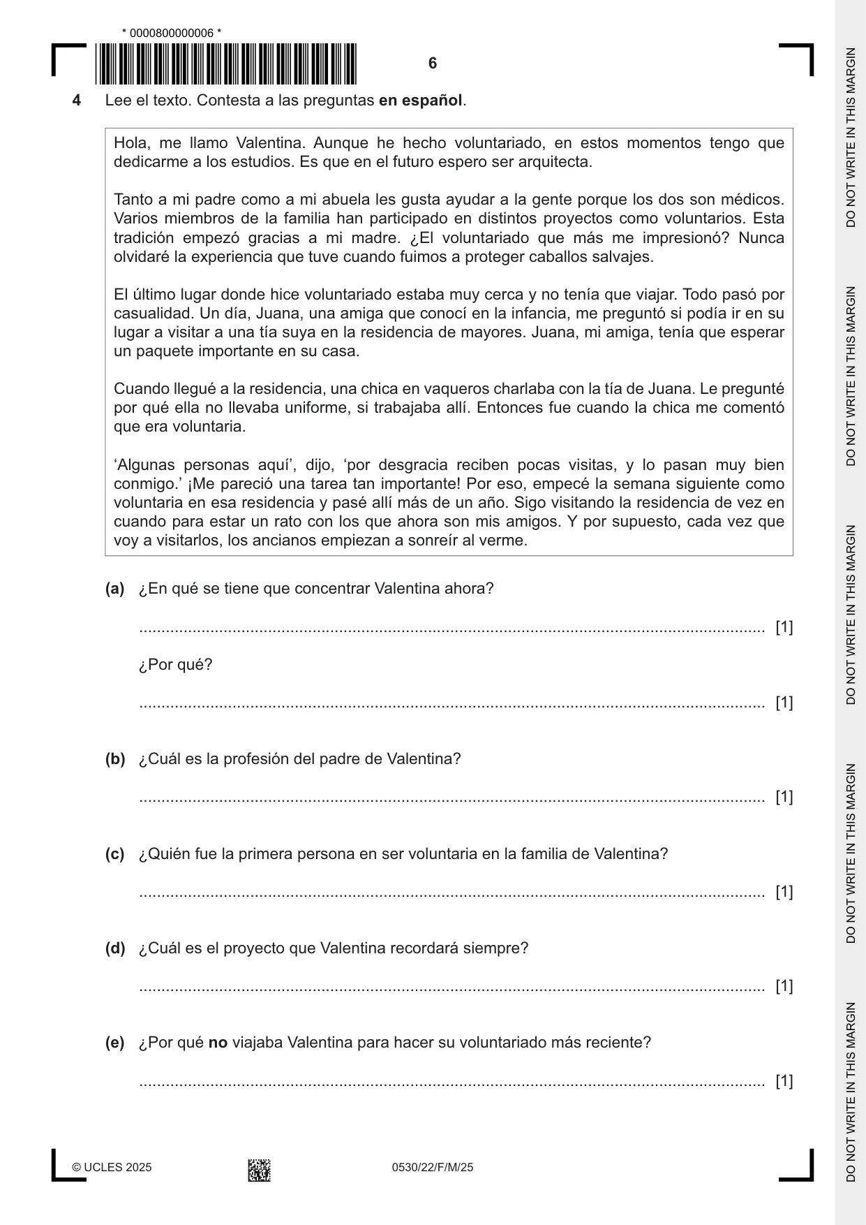 Cambridge IGCSE Spanish - Foreign Language 0530 2025 Feb/March Paper 2 · Variant 2 question paper, page 6 of 12