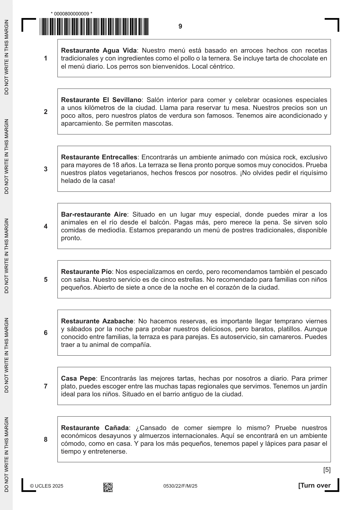 Cambridge IGCSE Spanish - Foreign Language 0530 2025 Feb/March Paper 2 · Variant 2 question paper, page 9 of 12