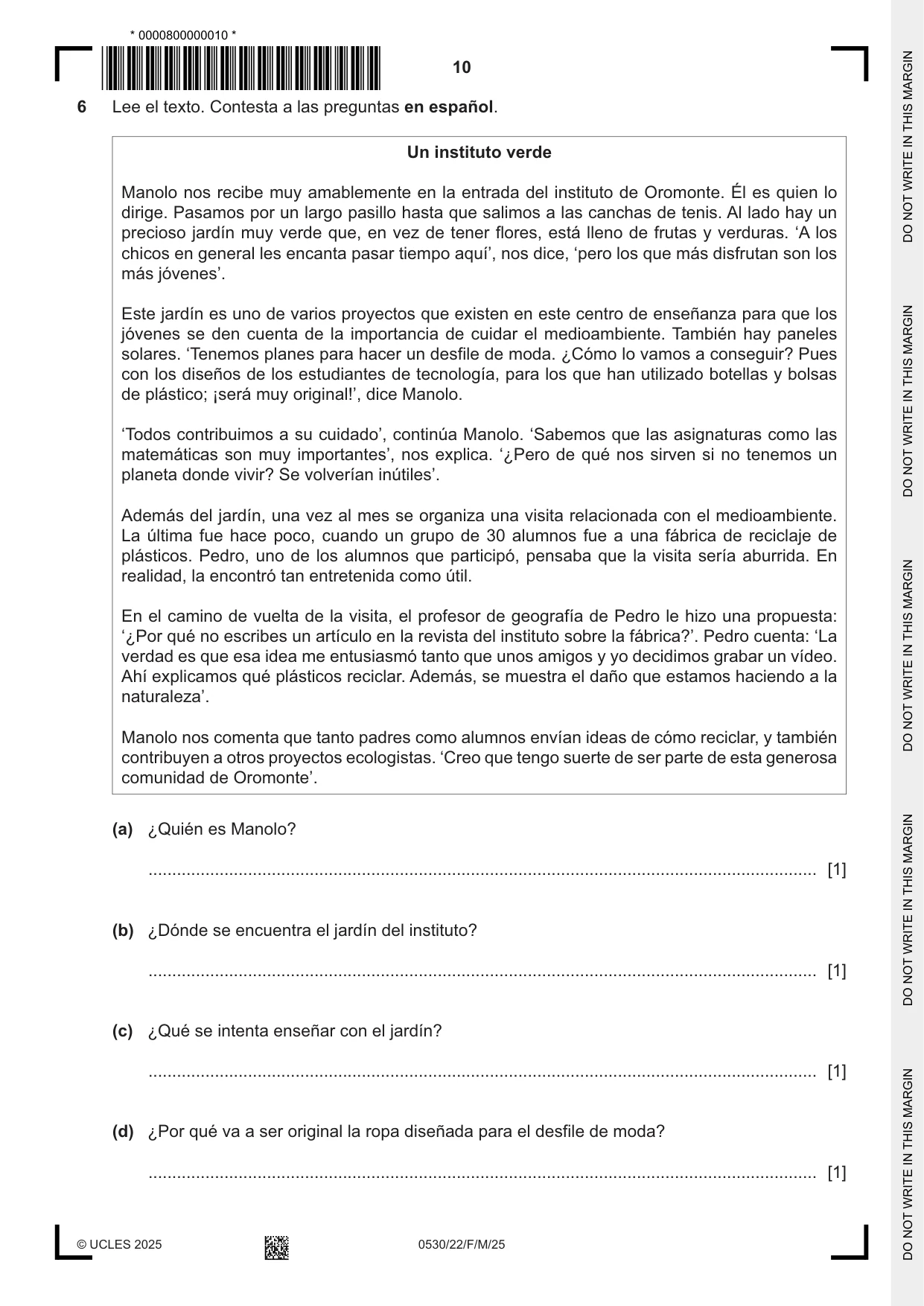 Cambridge IGCSE Spanish - Foreign Language 0530 2025 Feb/March Paper 2 · Variant 2 question paper, page 10 of 12