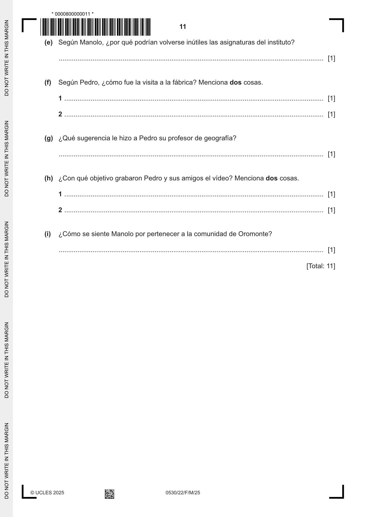 Cambridge IGCSE Spanish - Foreign Language 0530 2025 Feb/March Paper 2 · Variant 2 question paper, page 11 of 12
