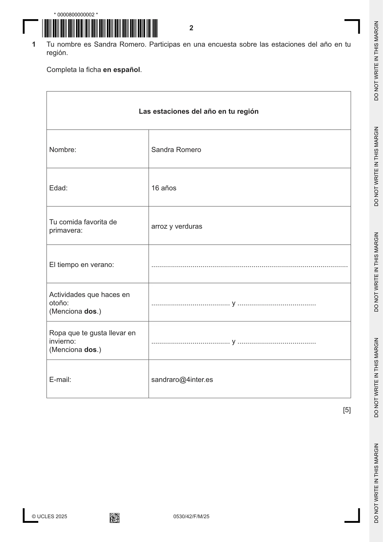 Cambridge IGCSE Spanish - Foreign Language 0530 2025 Feb/March Paper 4 · Variant 2 question paper, page 2 of 8