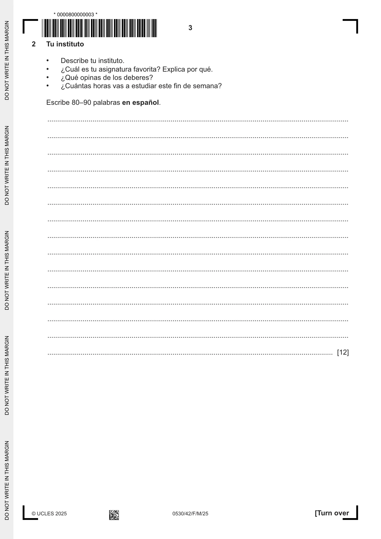Cambridge IGCSE Spanish - Foreign Language 0530 2025 Feb/March Paper 4 · Variant 2 question paper, page 3 of 8
