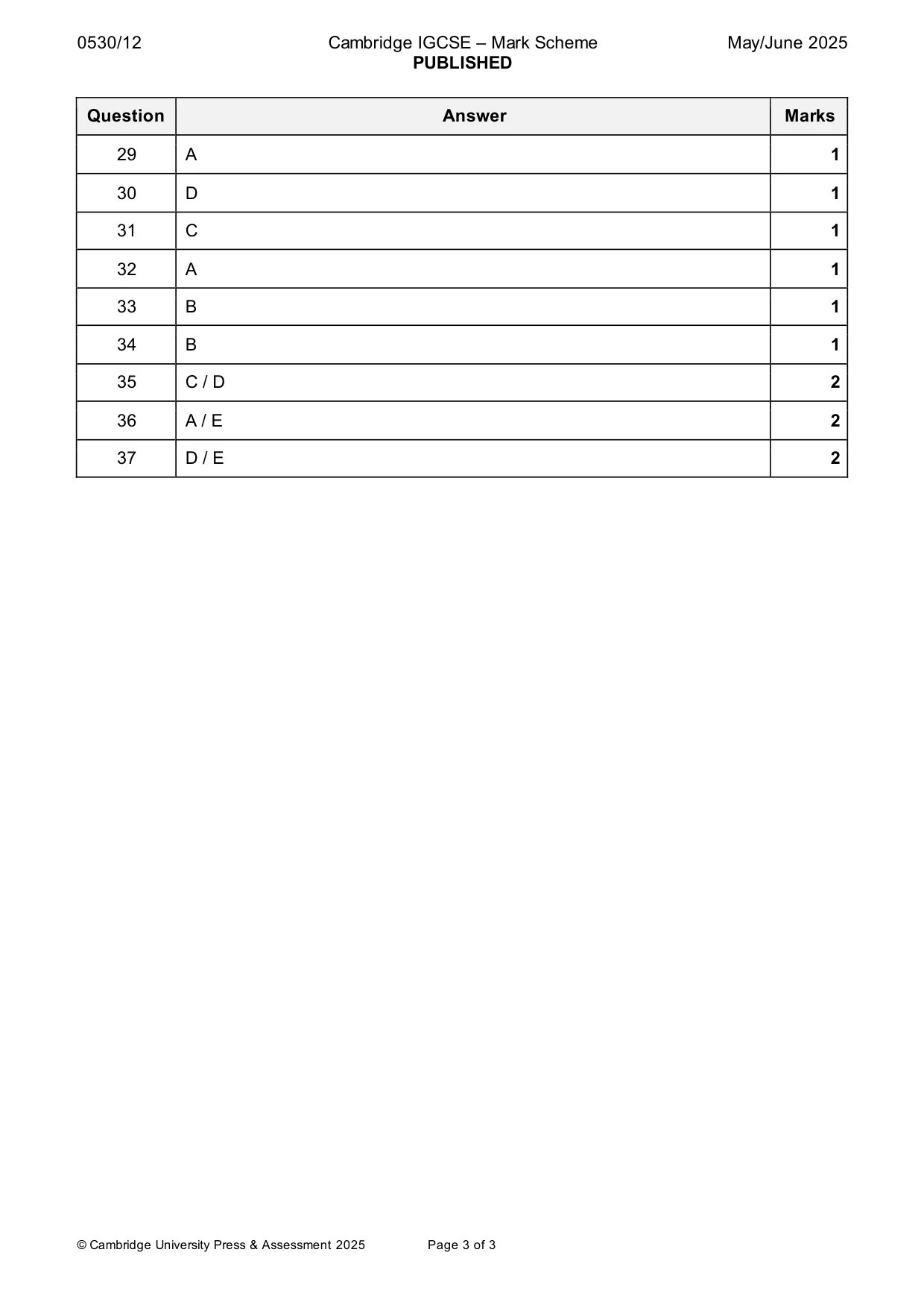Mark scheme, page 3 of 3