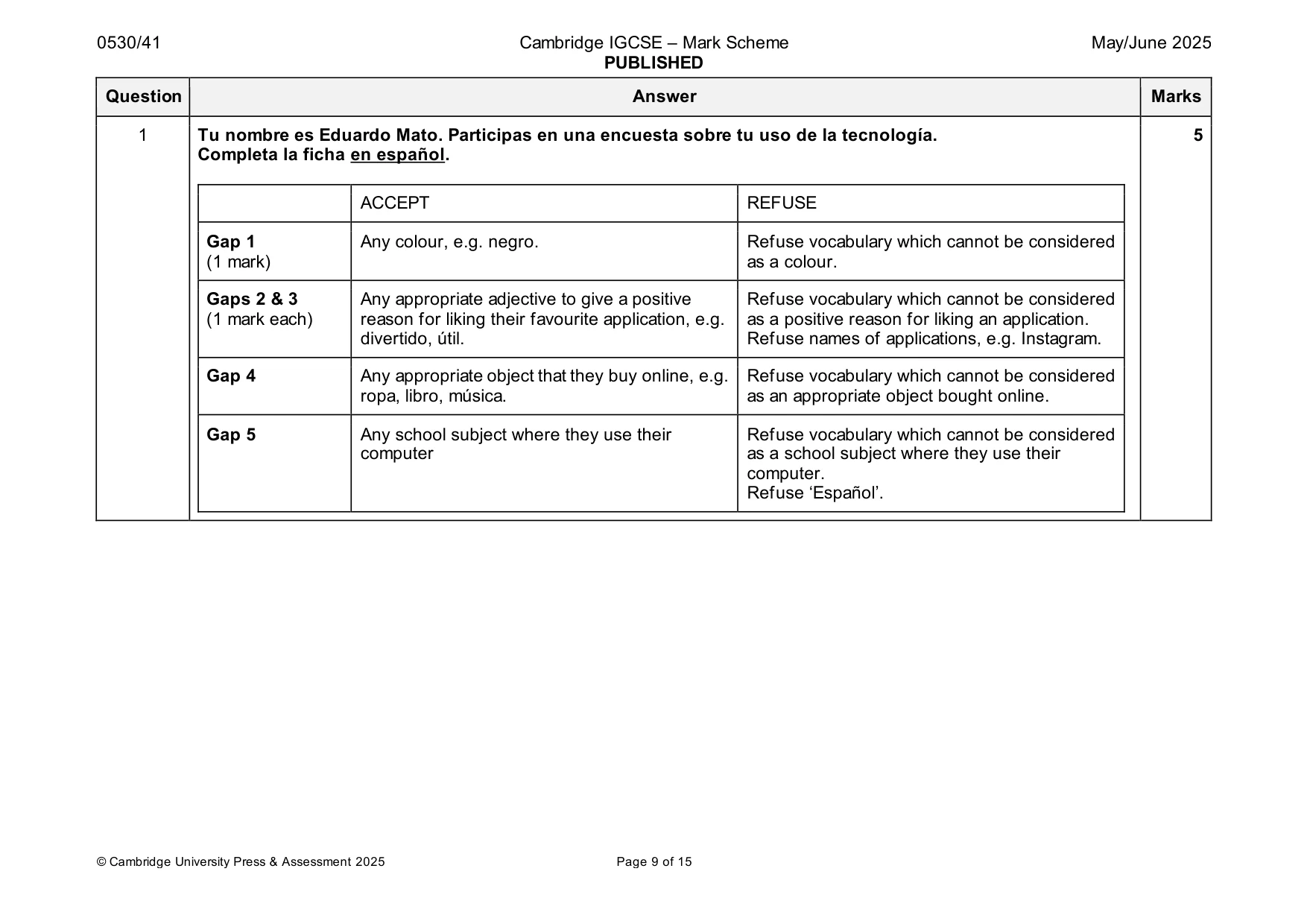 Mark scheme, page 9 of 15