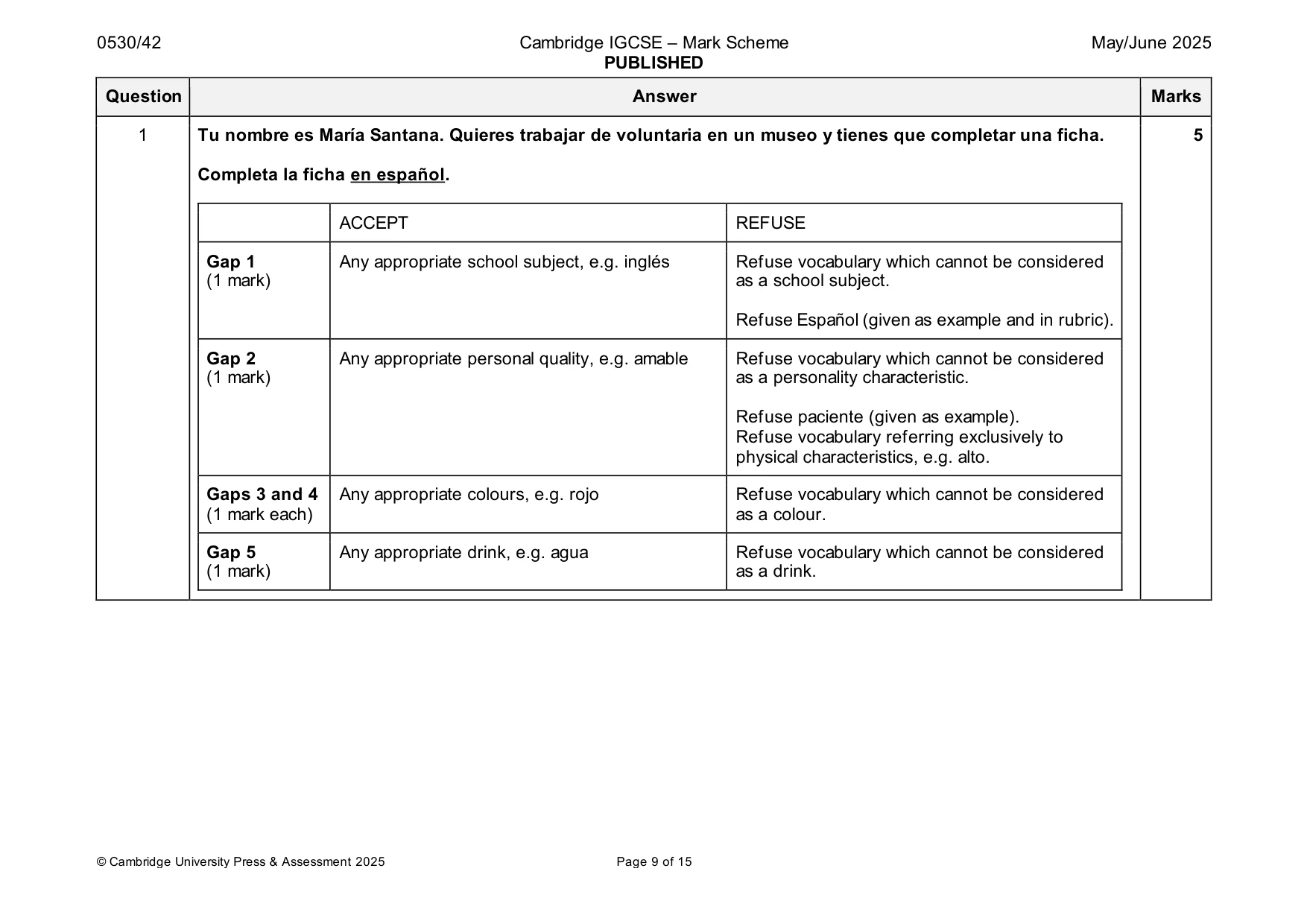 Mark scheme, page 9 of 15