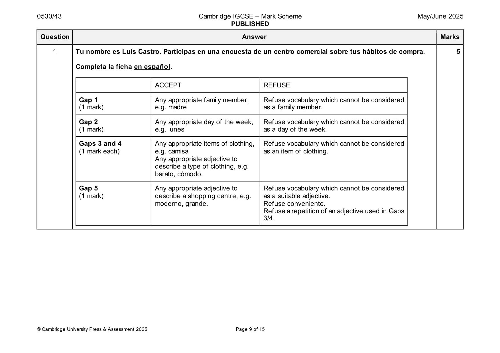 Mark scheme, page 9 of 15