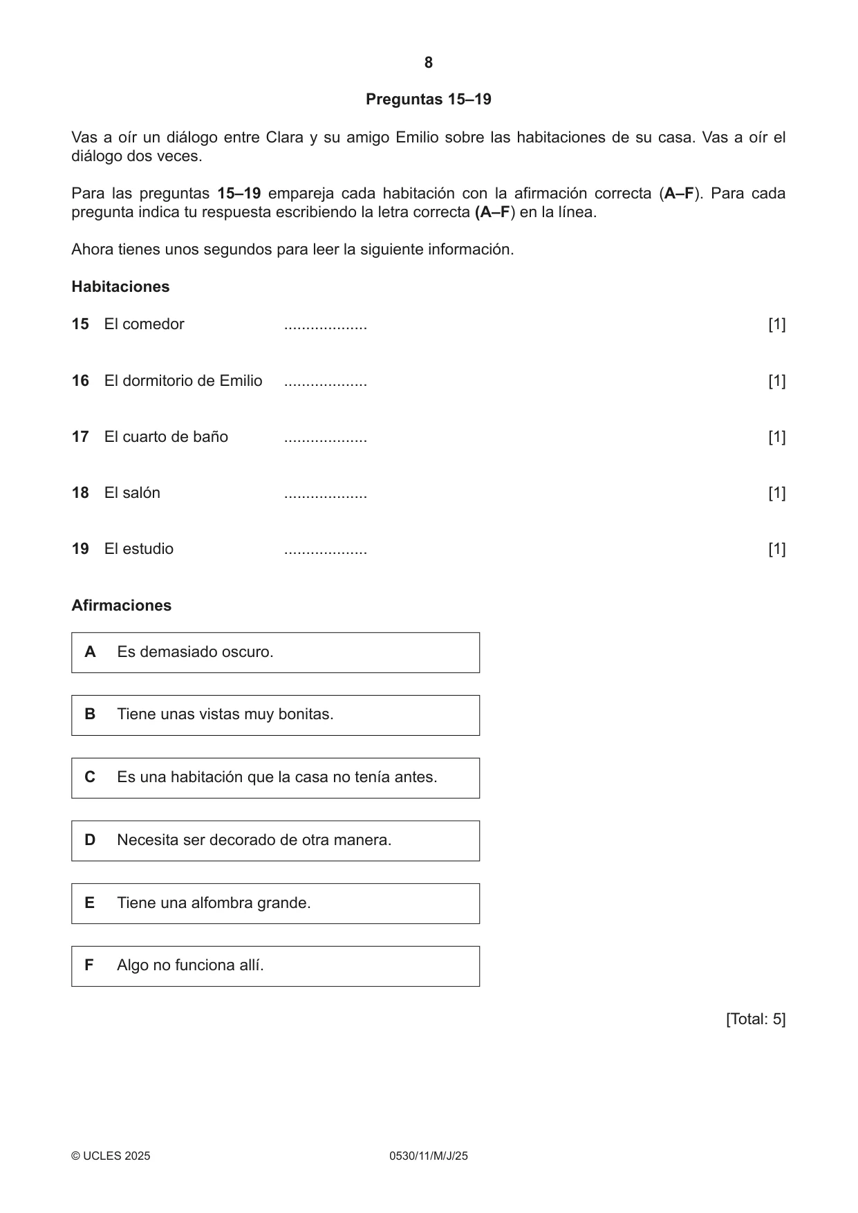 Cambridge IGCSE Spanish - Foreign Language 0530 2025 May/June Paper 1 · Variant 1 question paper, page 8 of 16