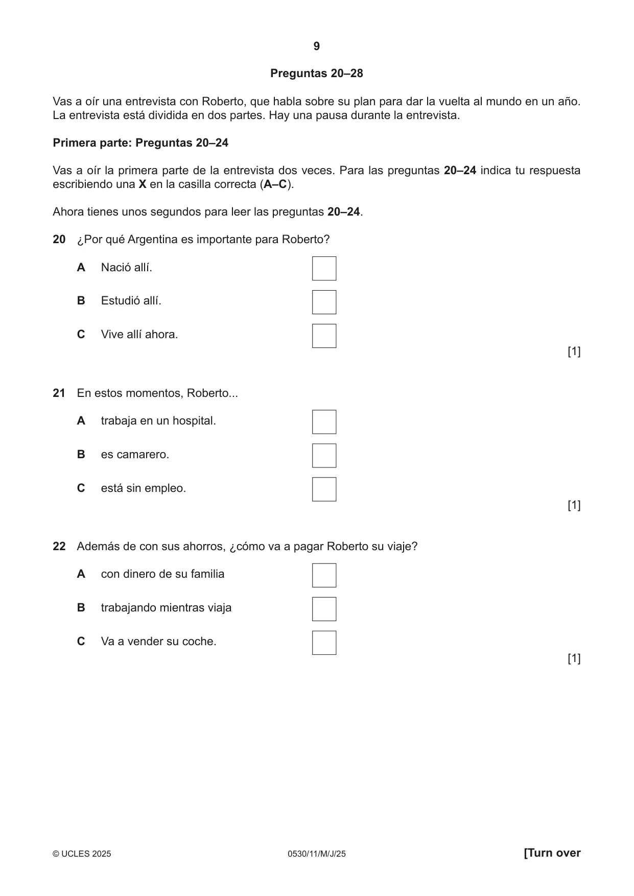 Cambridge IGCSE Spanish - Foreign Language 0530 2025 May/June Paper 1 · Variant 1 question paper, page 9 of 16