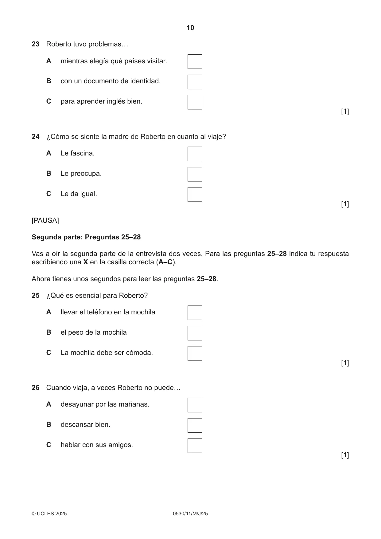 Cambridge IGCSE Spanish - Foreign Language 0530 2025 May/June Paper 1 · Variant 1 question paper, page 10 of 16