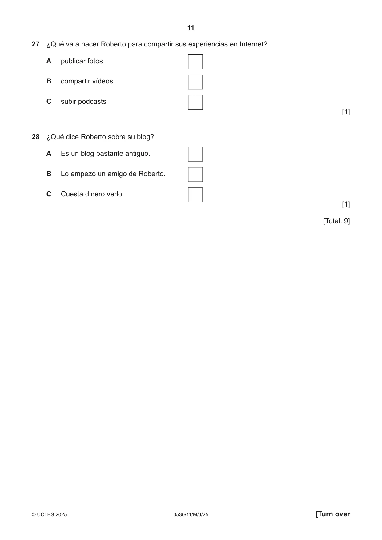 Cambridge IGCSE Spanish - Foreign Language 0530 2025 May/June Paper 1 · Variant 1 question paper, page 11 of 16