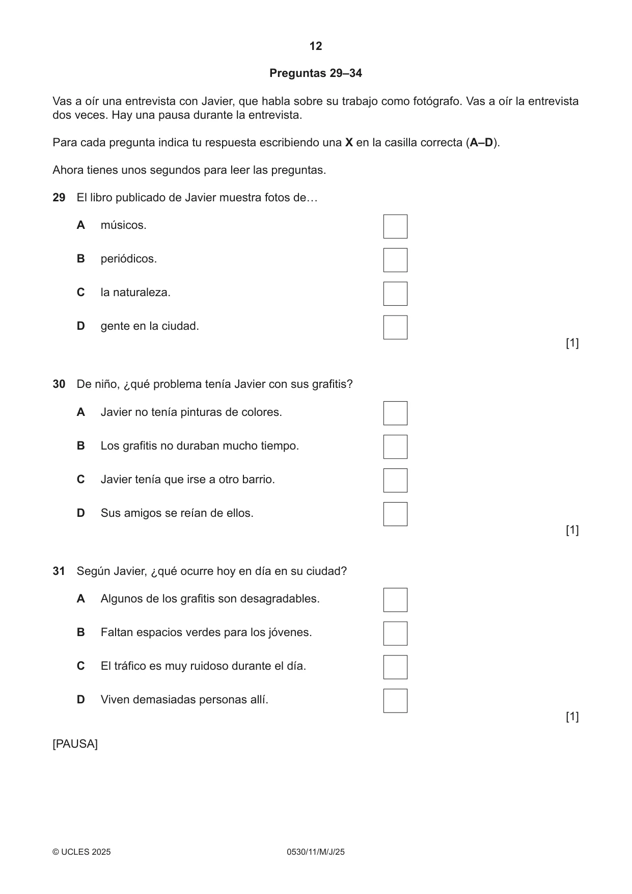 Cambridge IGCSE Spanish - Foreign Language 0530 2025 May/June Paper 1 · Variant 1 question paper, page 12 of 16